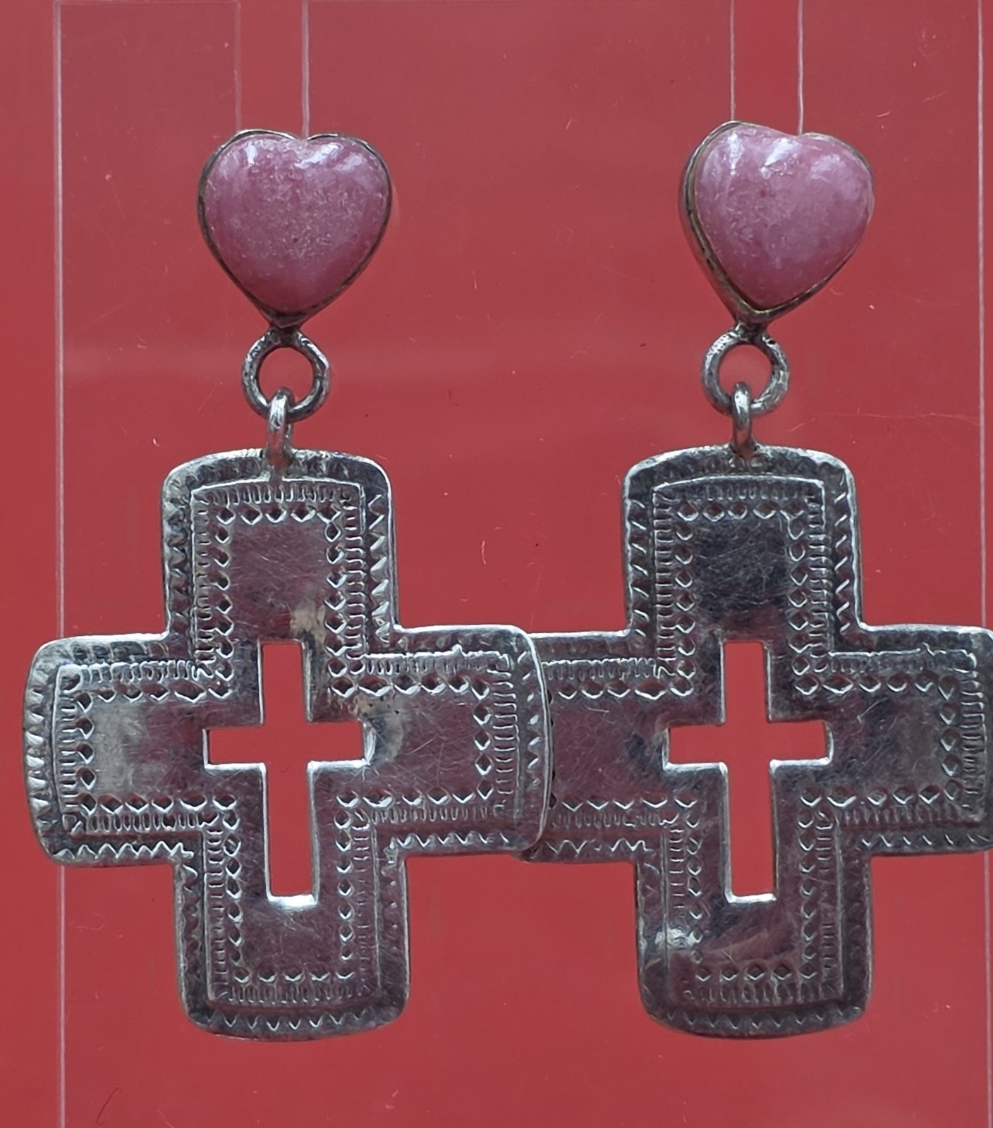 Sterling Silver Stamped Cross Pink Heart Dangle Earrings