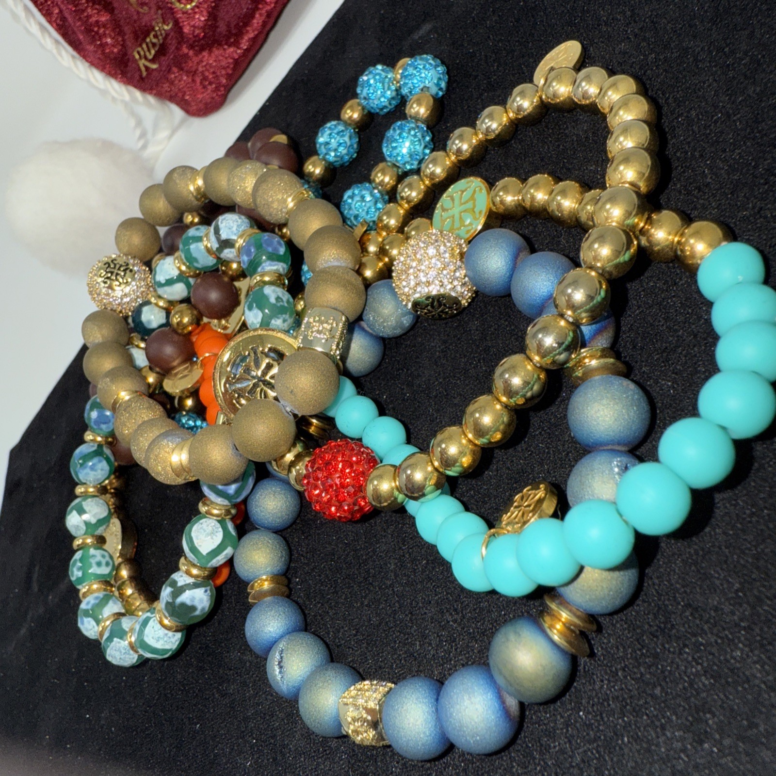 Rustic Cuff Bracelet Set Beaded Charm Stretch Colorful Gold Tone Multicolor Lot