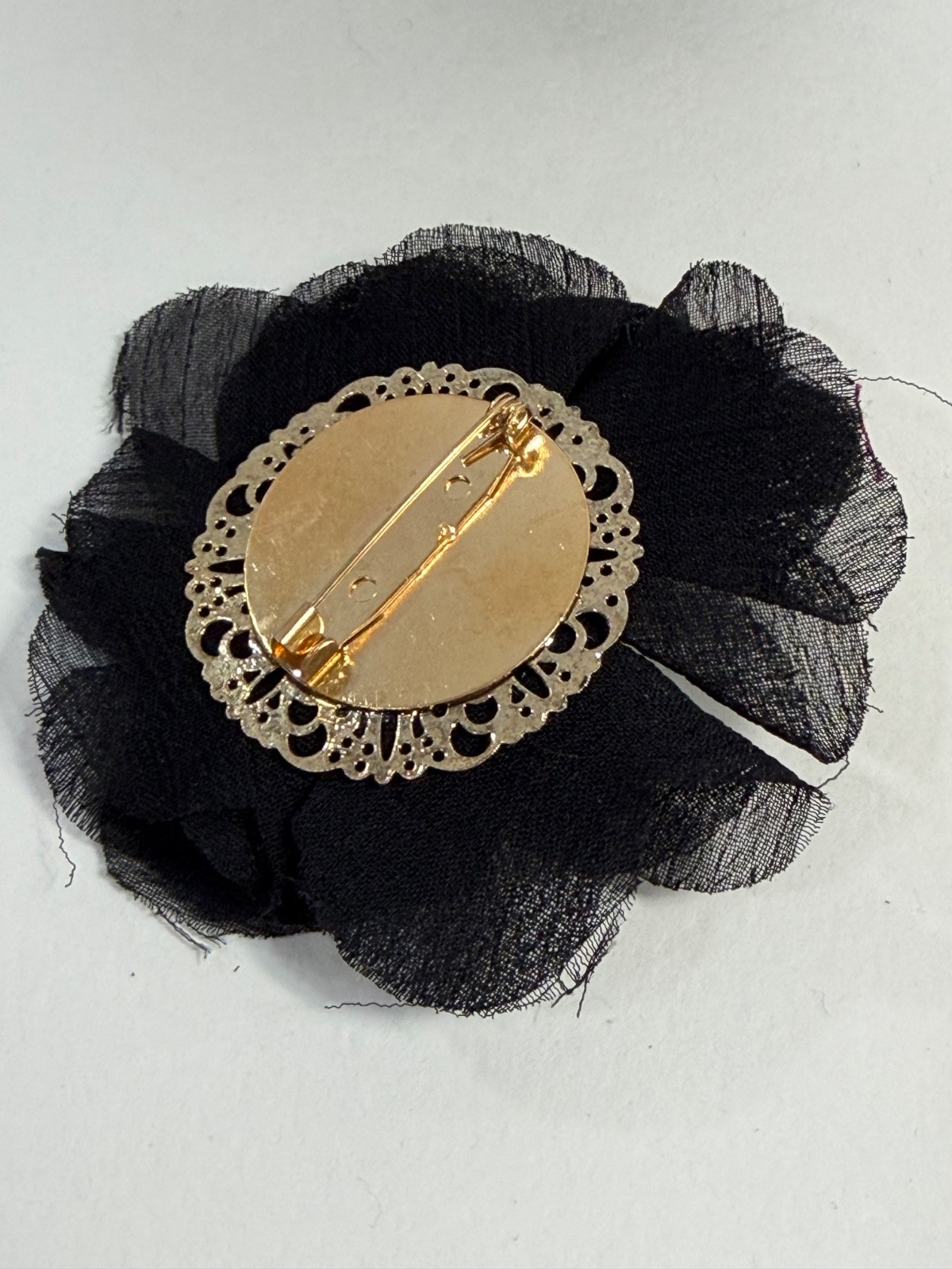 Lot of 6 Black Fabric Flower Brooches Handmade Upcycled Ribbon Lace Pins