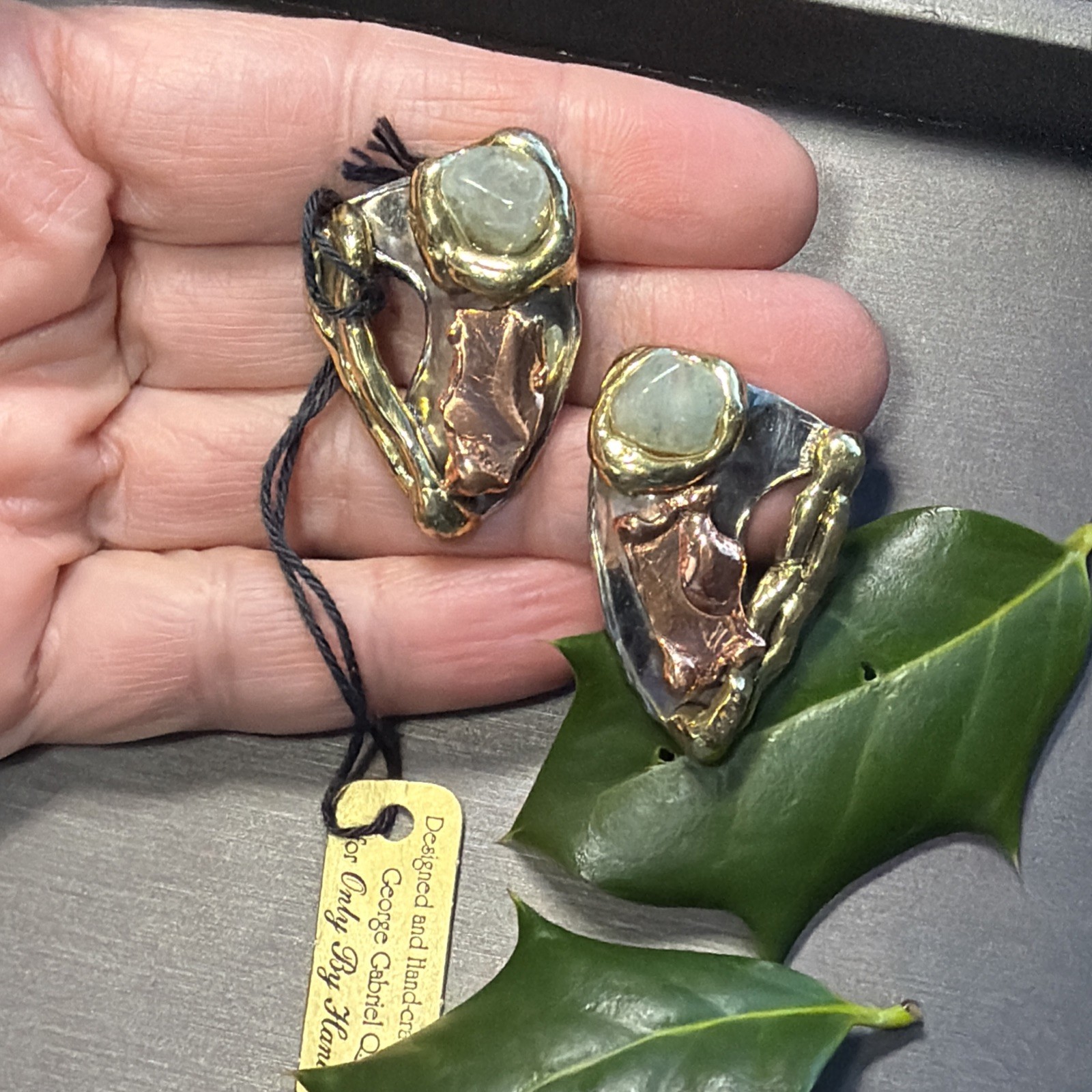 Vintage Modernist Earrings Signed George Gabriel Q Green Quartz Artisan Unique