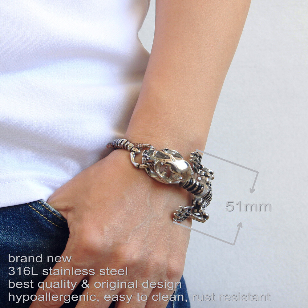 Mens Boys Punk Huge Heavy Dinosaur T Rex Skeleton Skull Stainless Steel Bracelet
