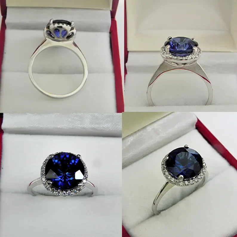 4.30 Ct Round Cut Natural Sapphire Diamond Engagement Ring 14K White Gold Size 8