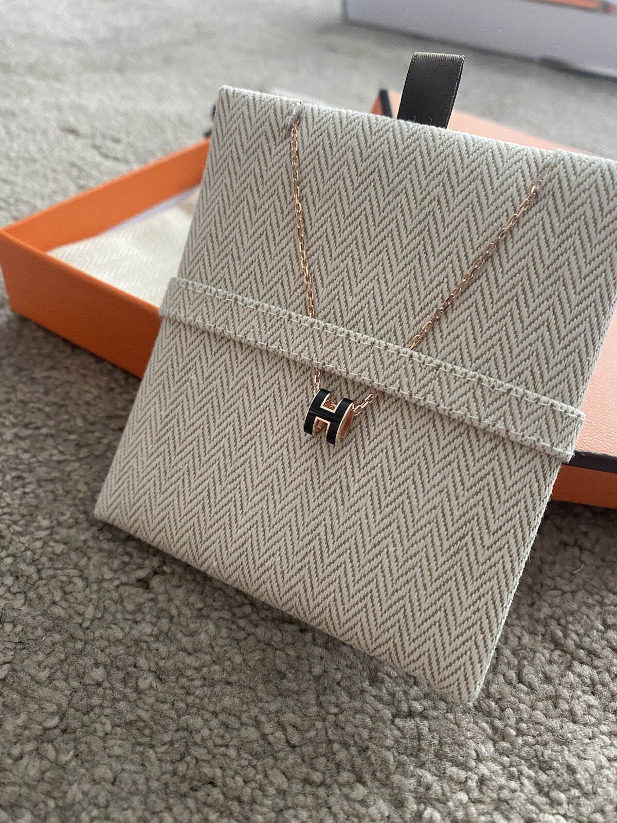 Genuine Hermes Mini Pop H Necklace – Black Noir Rose Gold Chain