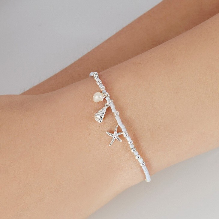 925 Sterling Silver Pastel Beaded Bracelet Starfish Shell Pearl Charm K-Jewelry