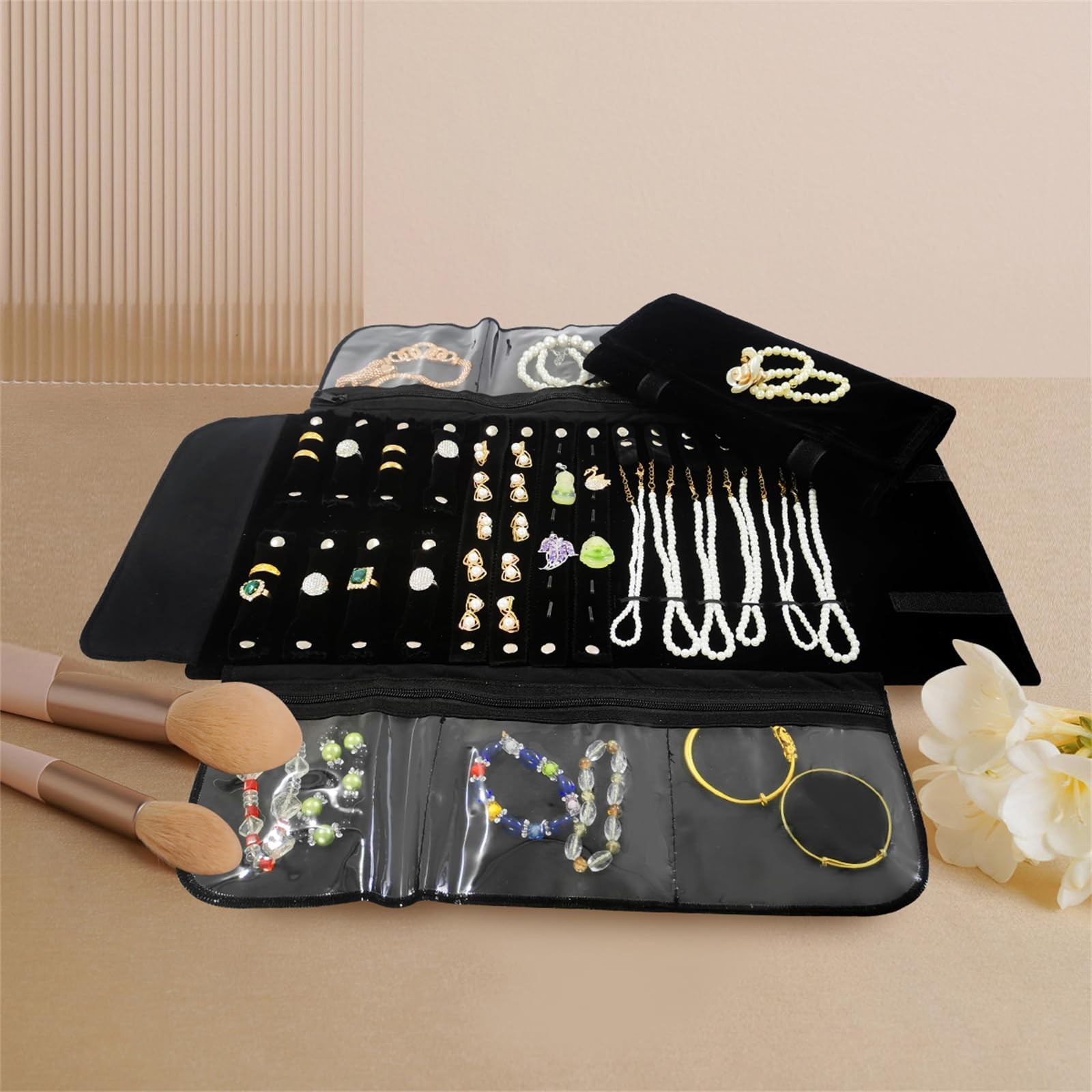 Velvet Travel Jewelry Organizer Roll Bag for Necklaces, Bracelets, Earrings & Ri