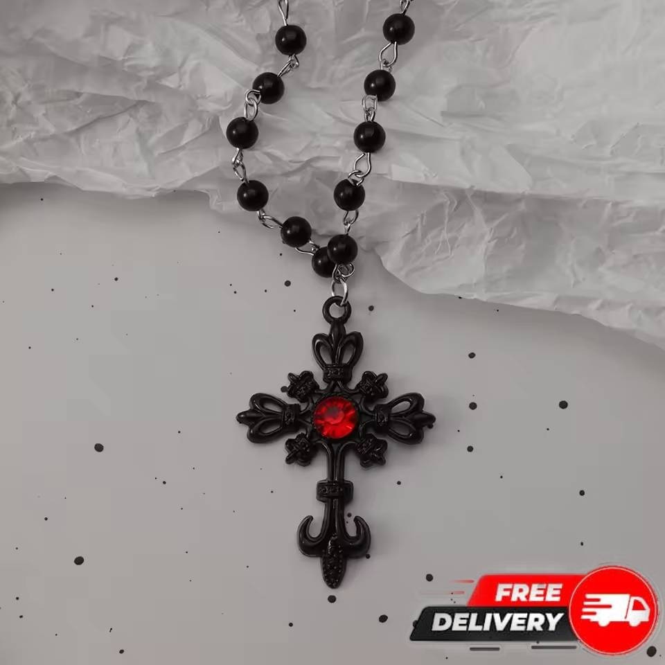 Gothic Black Bead Rosary Necklace Cross Pendant Red Center Jewelry