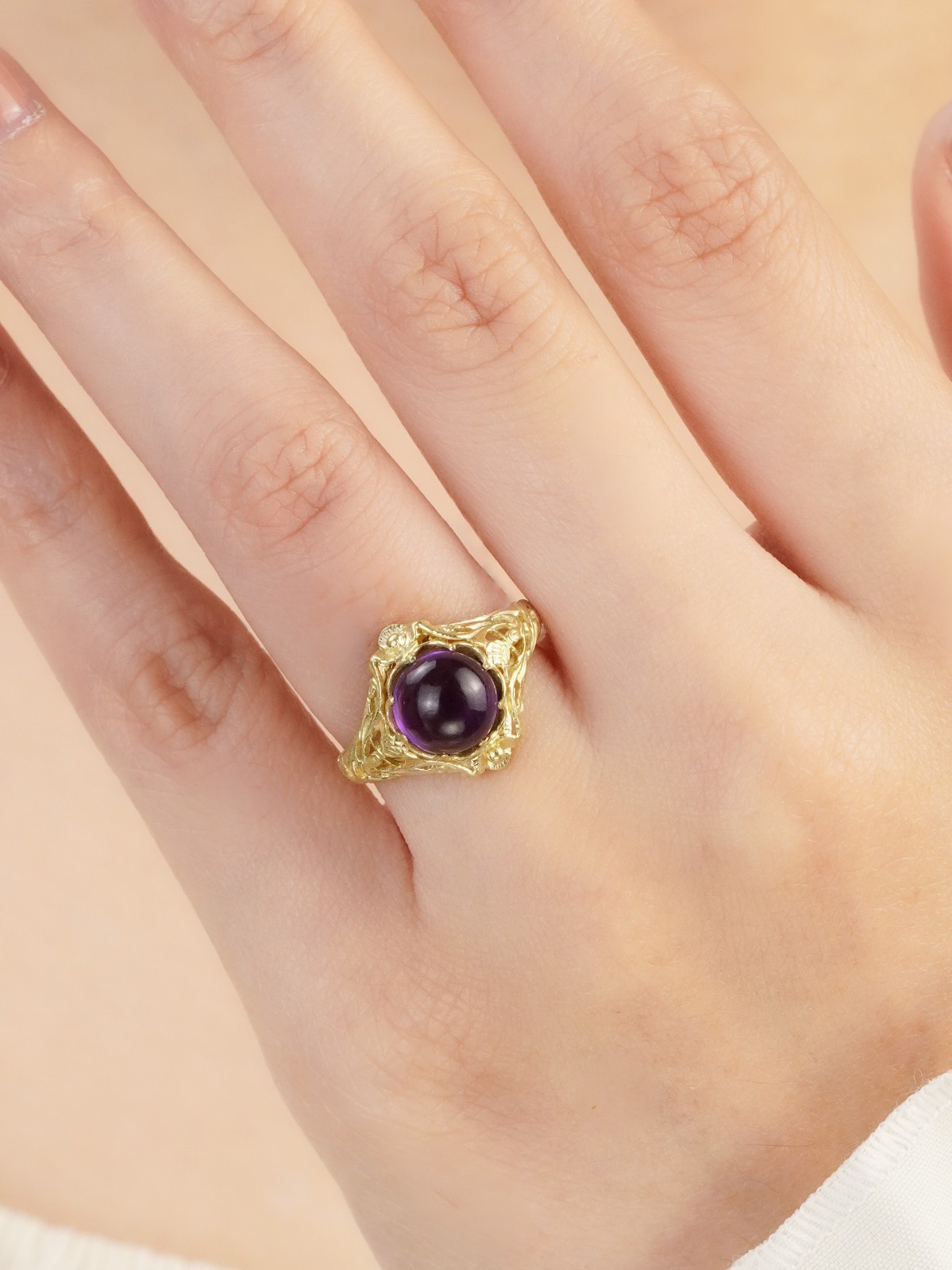 9K Yellow Gold Solid Natural Cabochon Amethyst Vintage Style Filigree Ring