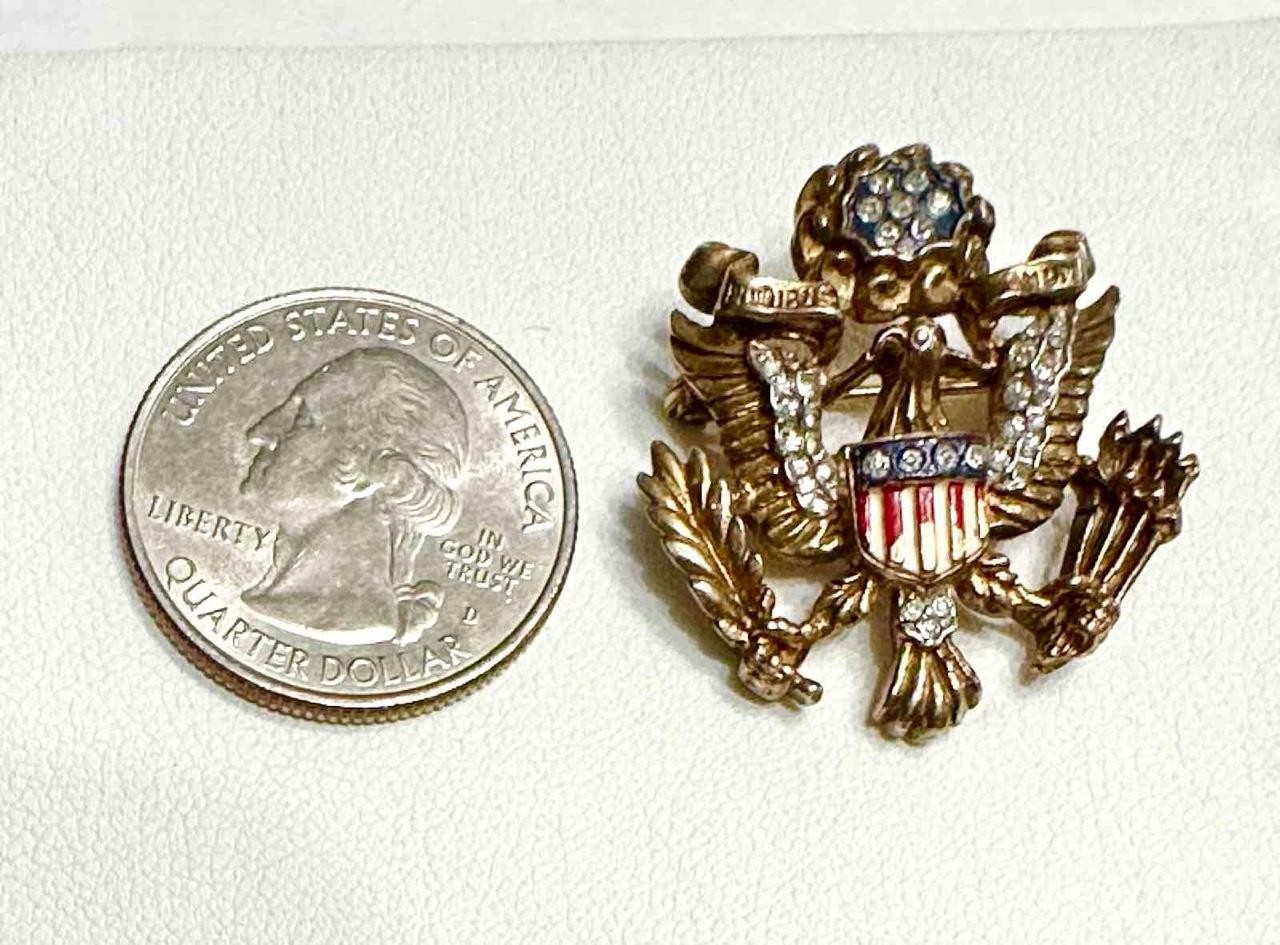 Vtg. Philippe Crown Trifari US Eagle Seal / Insignia Rhinestone Gold Tone Brooch