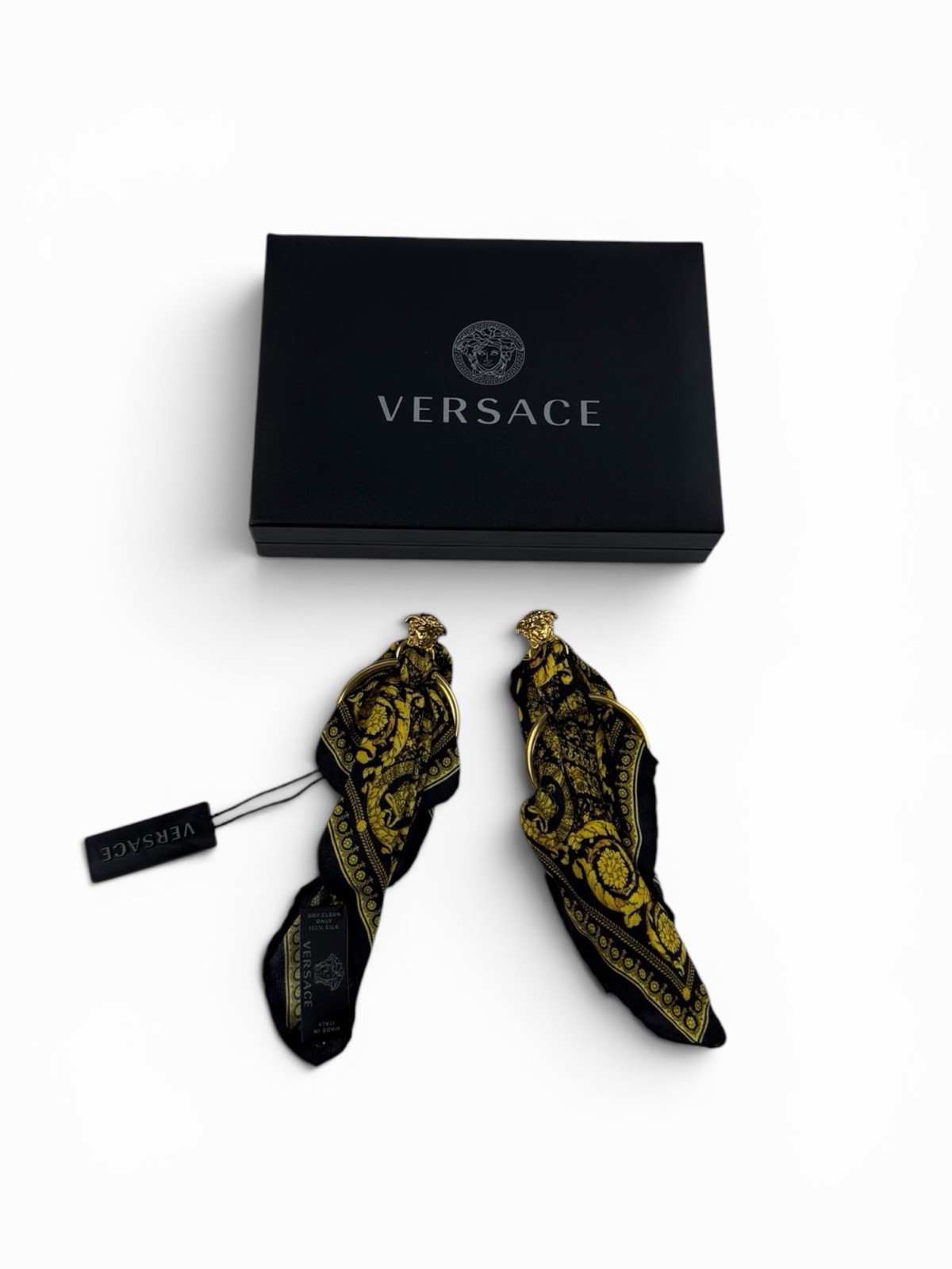 Versace Medusa Barocco Silk Scarf Hoop Earrings – Black/Gold Est. $850USD