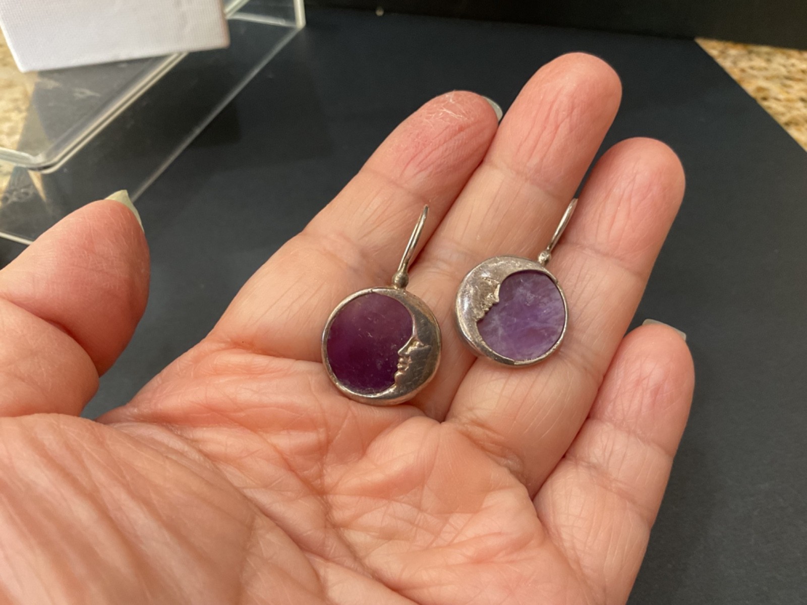 Vintage Amethyst 925 Sterling Silver Round Moon Pierced Earrings
