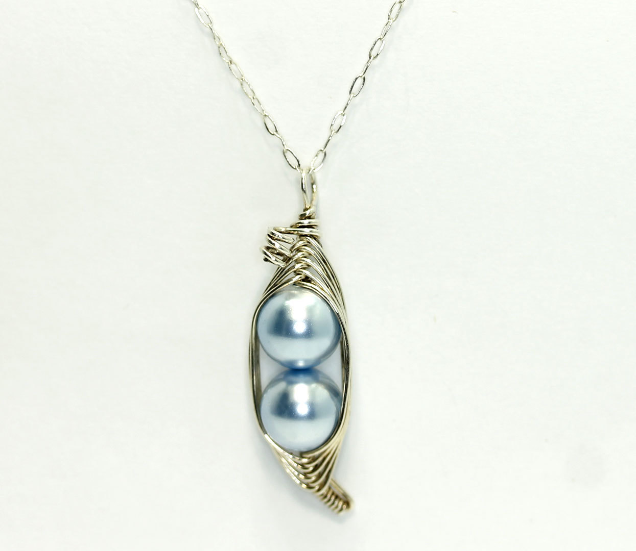 Sterling Silver Simulated Blue Pearl Wire Wrapped Pendant Cable Chain Necklace