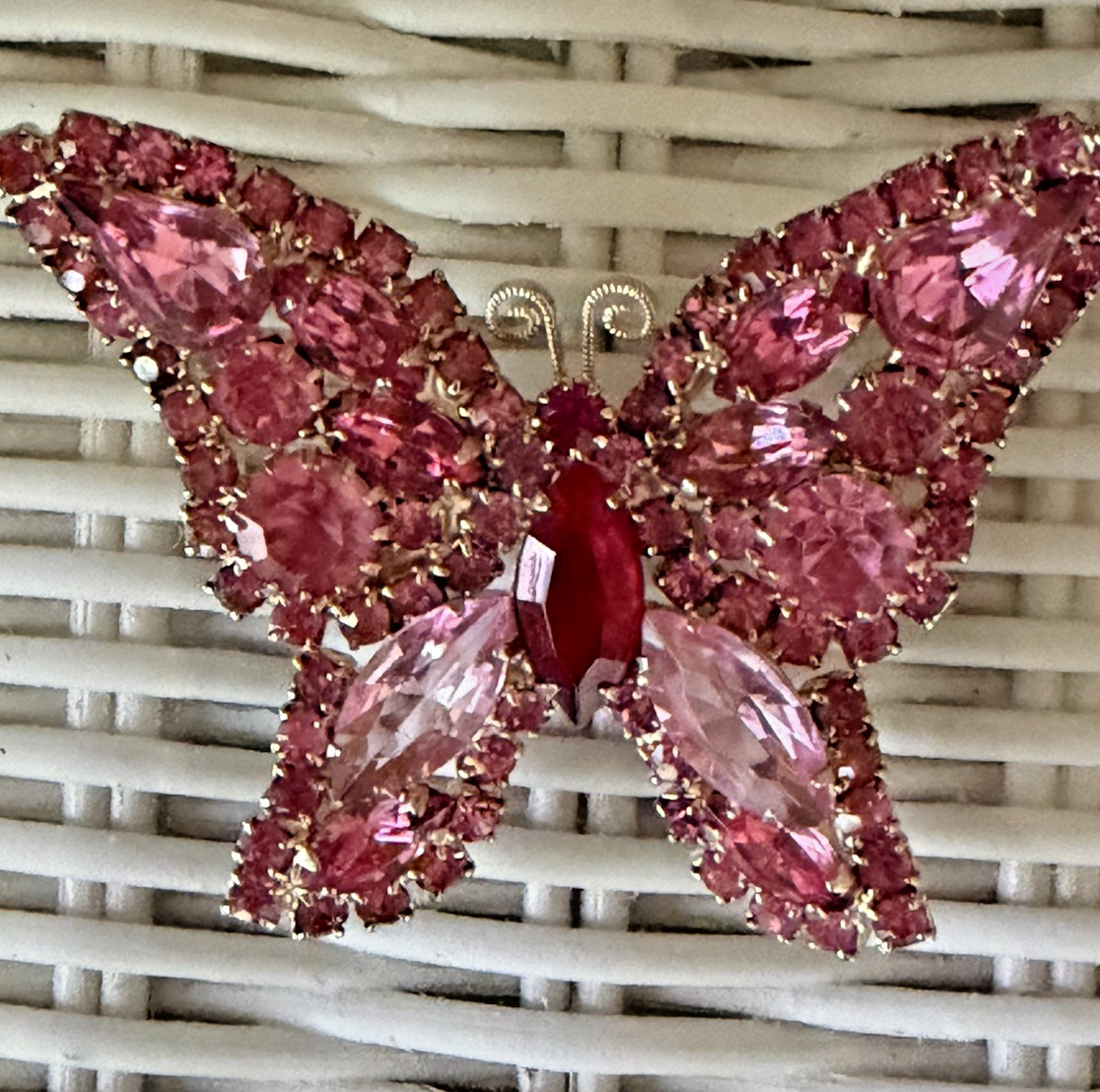 Signed Vintage Weiss Pink Rhinestone Butterfly Brooch 2″×2.25″ in goldtone