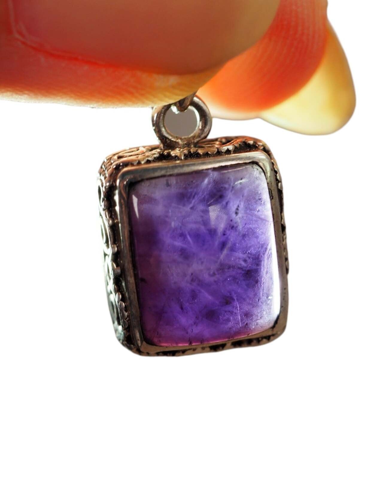 Sterling Silver Rectangular Amethyst Openwork Pendant