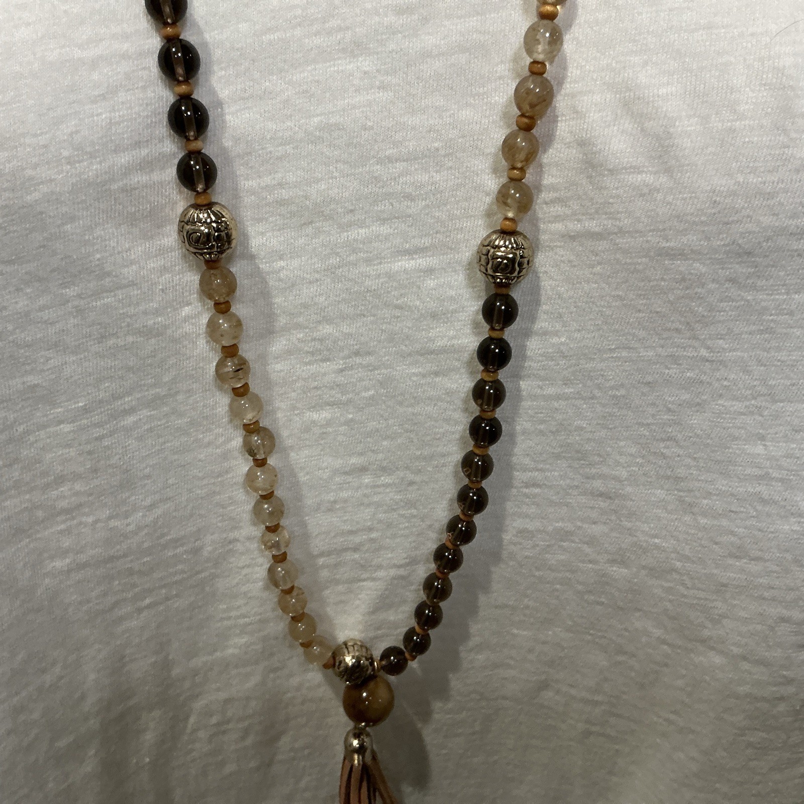 Marlyn Schiff Brown, Beige, Sage Natural Stone Necklace Faux Leather Tassel