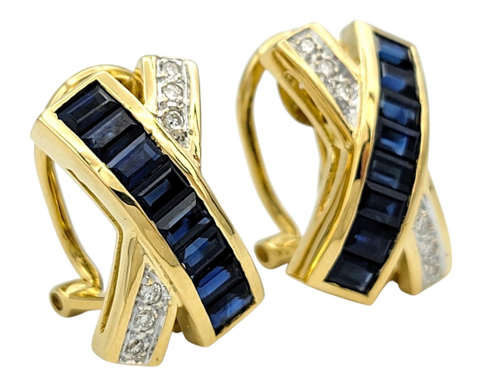 Le Vian Blue Sapphire and Diamond ‘X’ Omega Back Earrings 18 Karat Yellow Gold