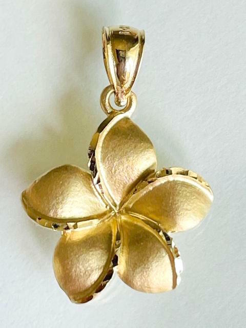 14K Solid Yellow Gold Hawaiian Plumeria Flower Pendant W: 3/4″ (18 mm) E26-18