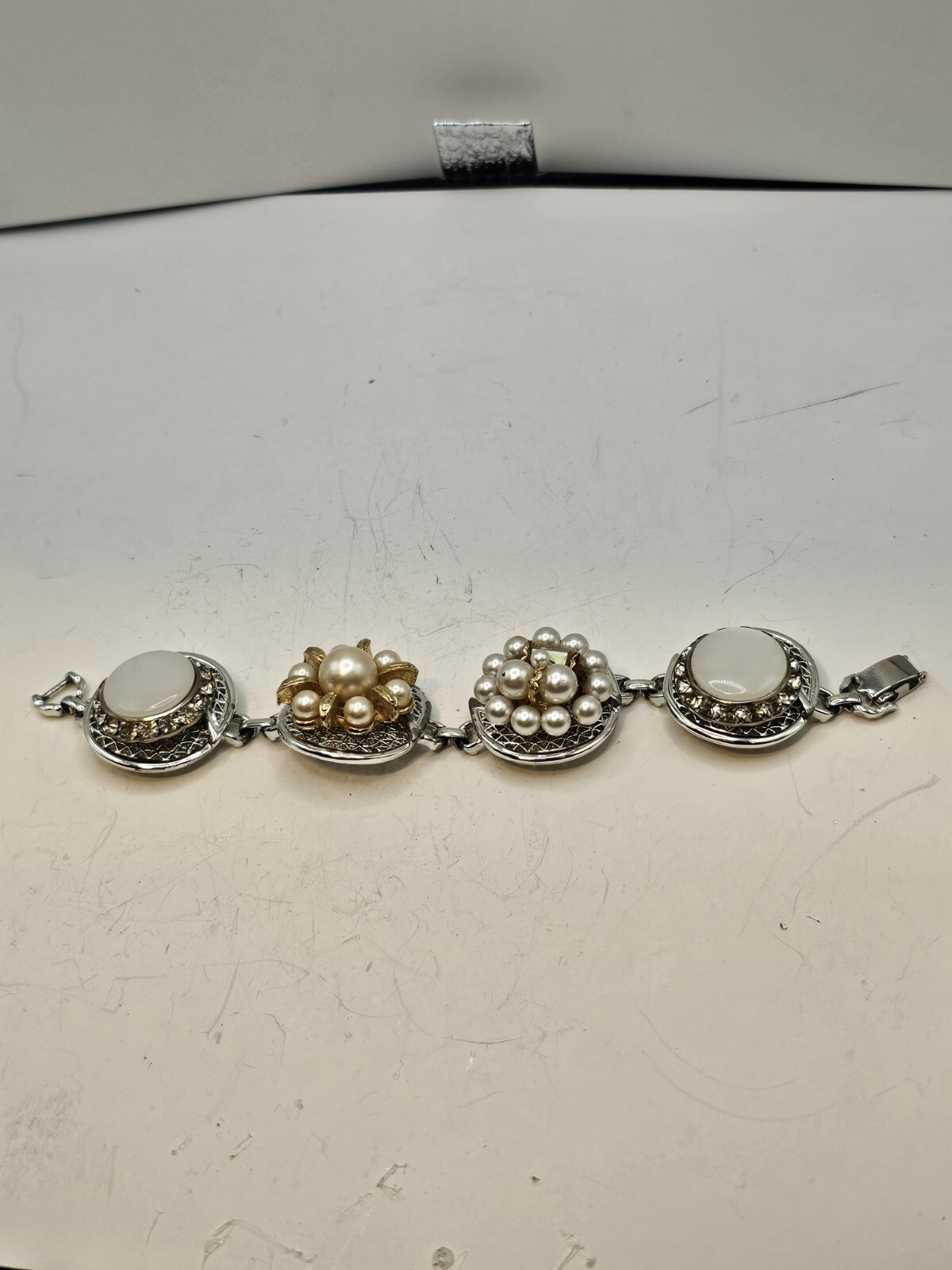 Handmade Mixed Media Bracelet Vtg Clip Earrings 40-50s OOAK 7.25″ Grannycore