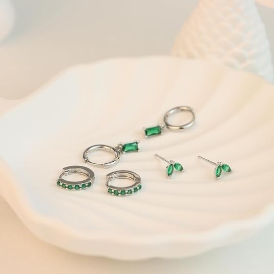 3Pairs Earrings Set for Women Silver Moon Star CZ Butterfly Green Dainty Studs