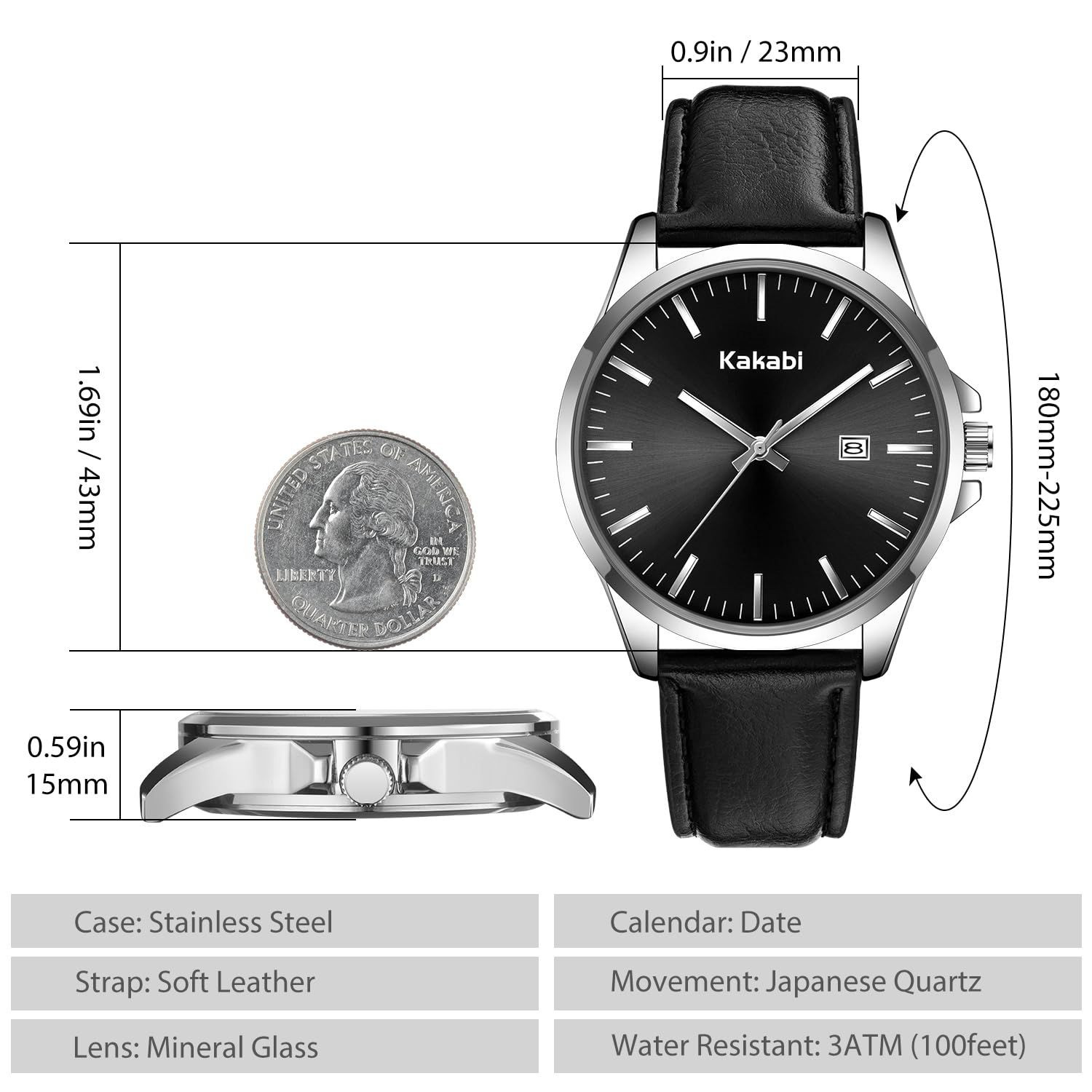Kakabi Watches for Men, Minimalist Fashion Mens Leather Strap K7303S-Black-P