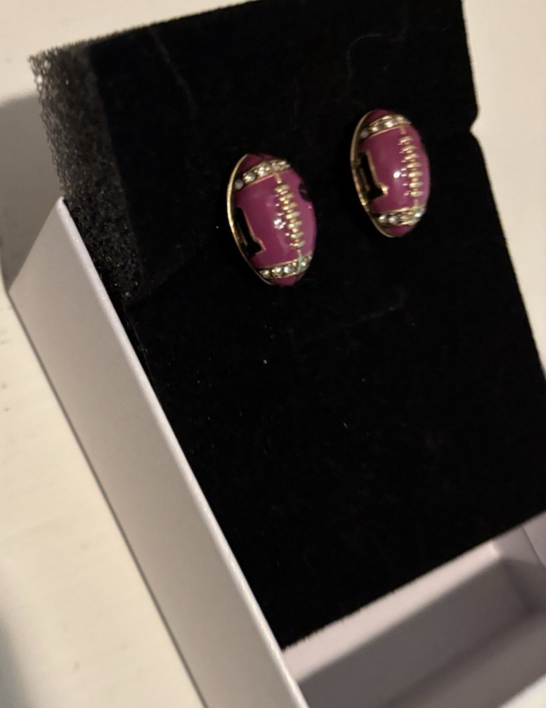 Betsey Johnson Football Stud Earrings RARE Pink Maroon Sparkles