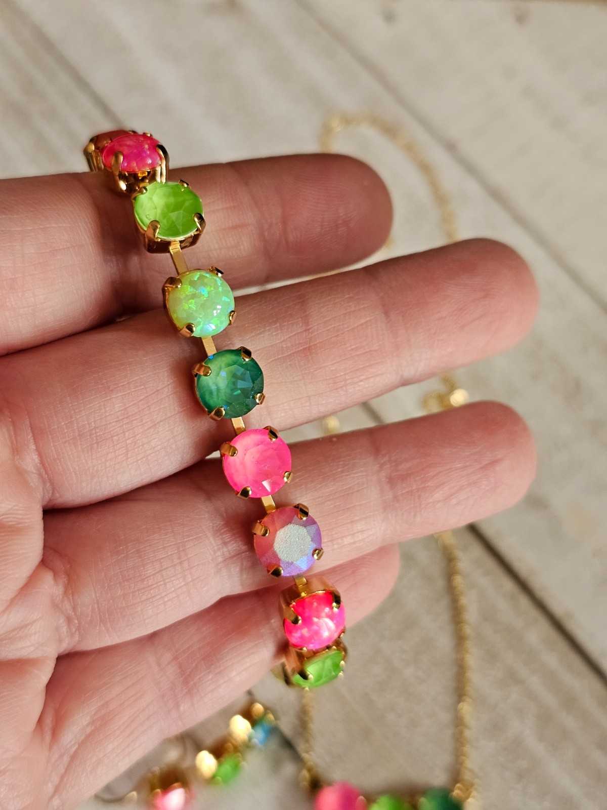 B1-22 Watermelon Mojito Pink Lime Crystal Earrings Cup chain 3pc Jewelry Set