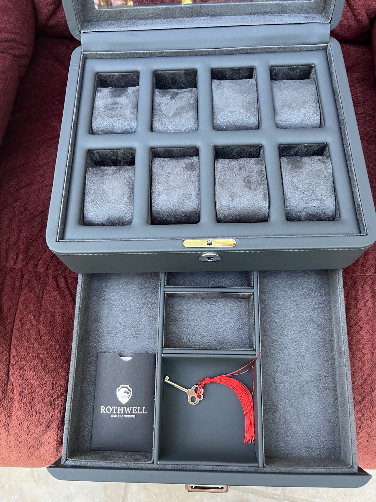 Rothwell 8-Slot Leather Watch Box with Locking Valet Drawer