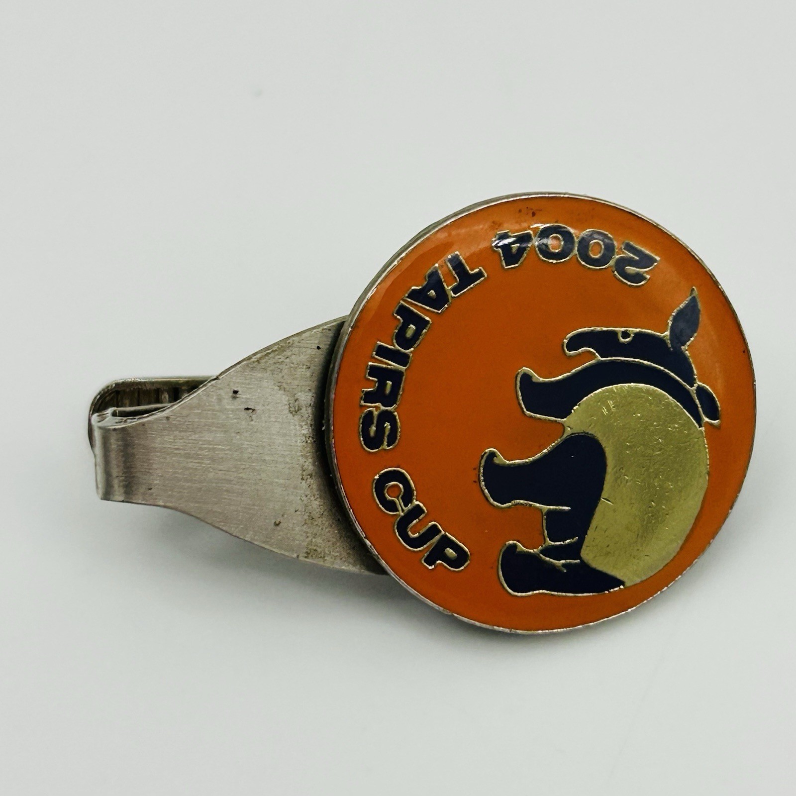 VINTAGE 2004 Tapirs Cup Tie Bar Pin Japan Silver Toned Orange Antique Logo Mens