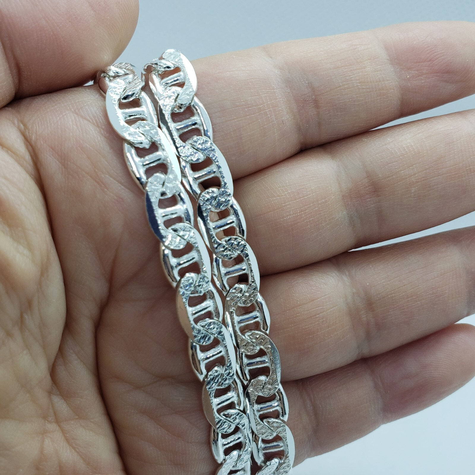 Sterling Silver D/C Flat Mariner Link Chain Necklace Bracelet Italy 8mm, 7″-30″