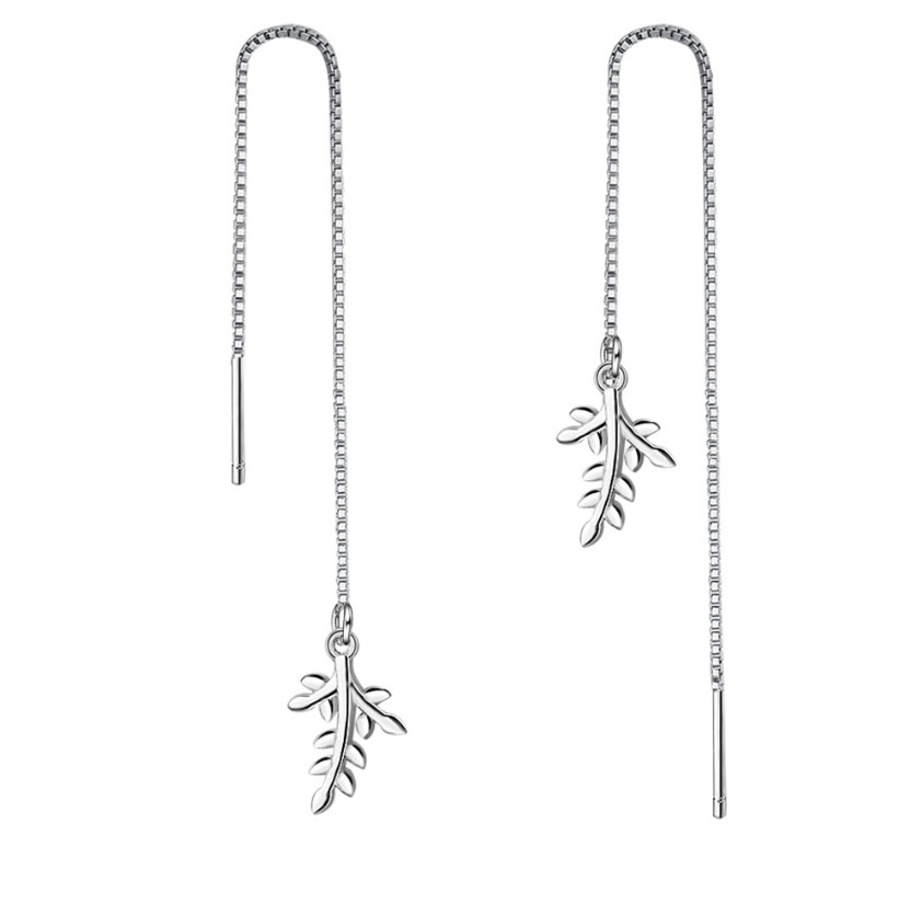 925 Silver Tone Olive Leaf Threader Dangle Drop Earrings Long Chain C9