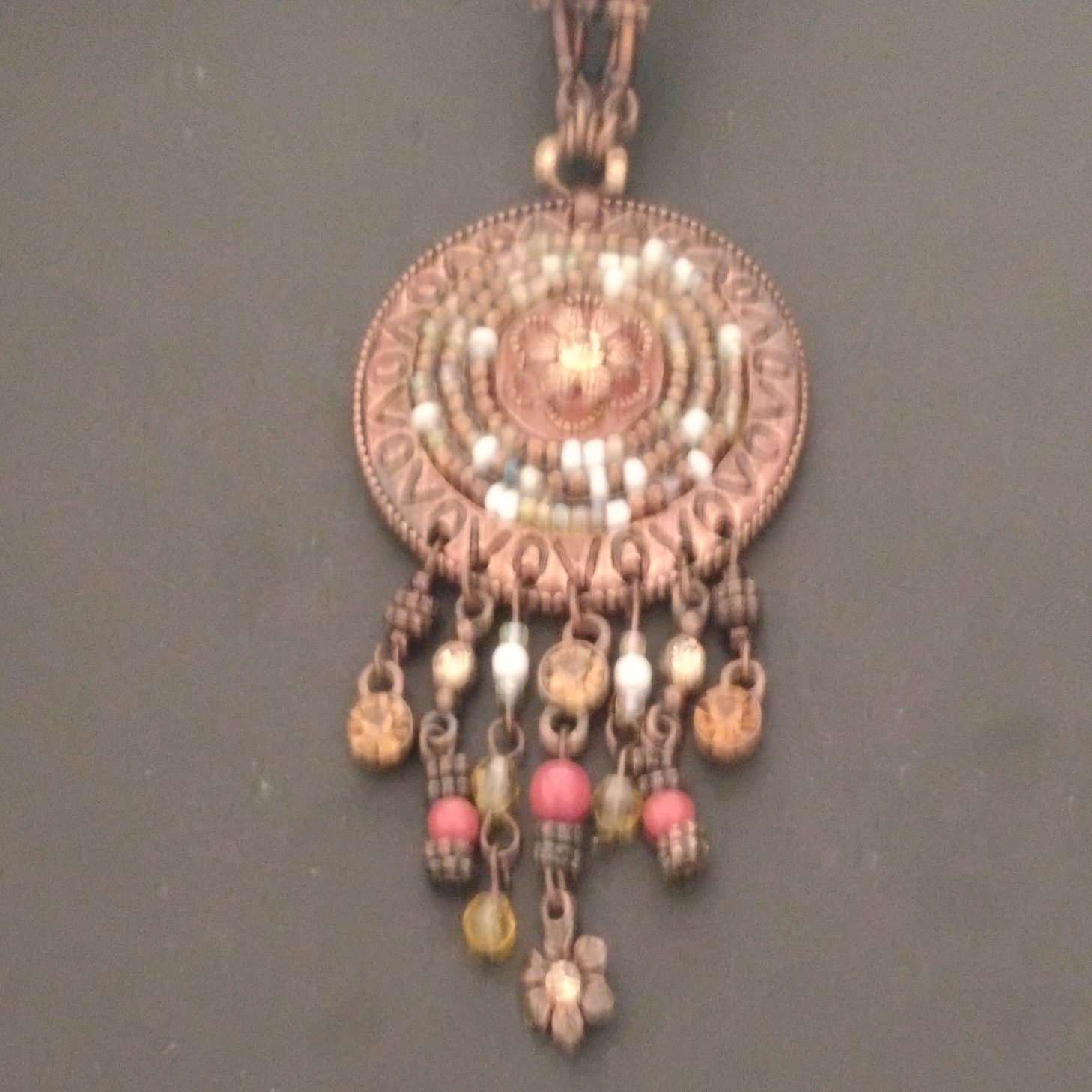 Copper Tone Bohemian Beaded Necklace Round Medal Pendant Dangle No Stone