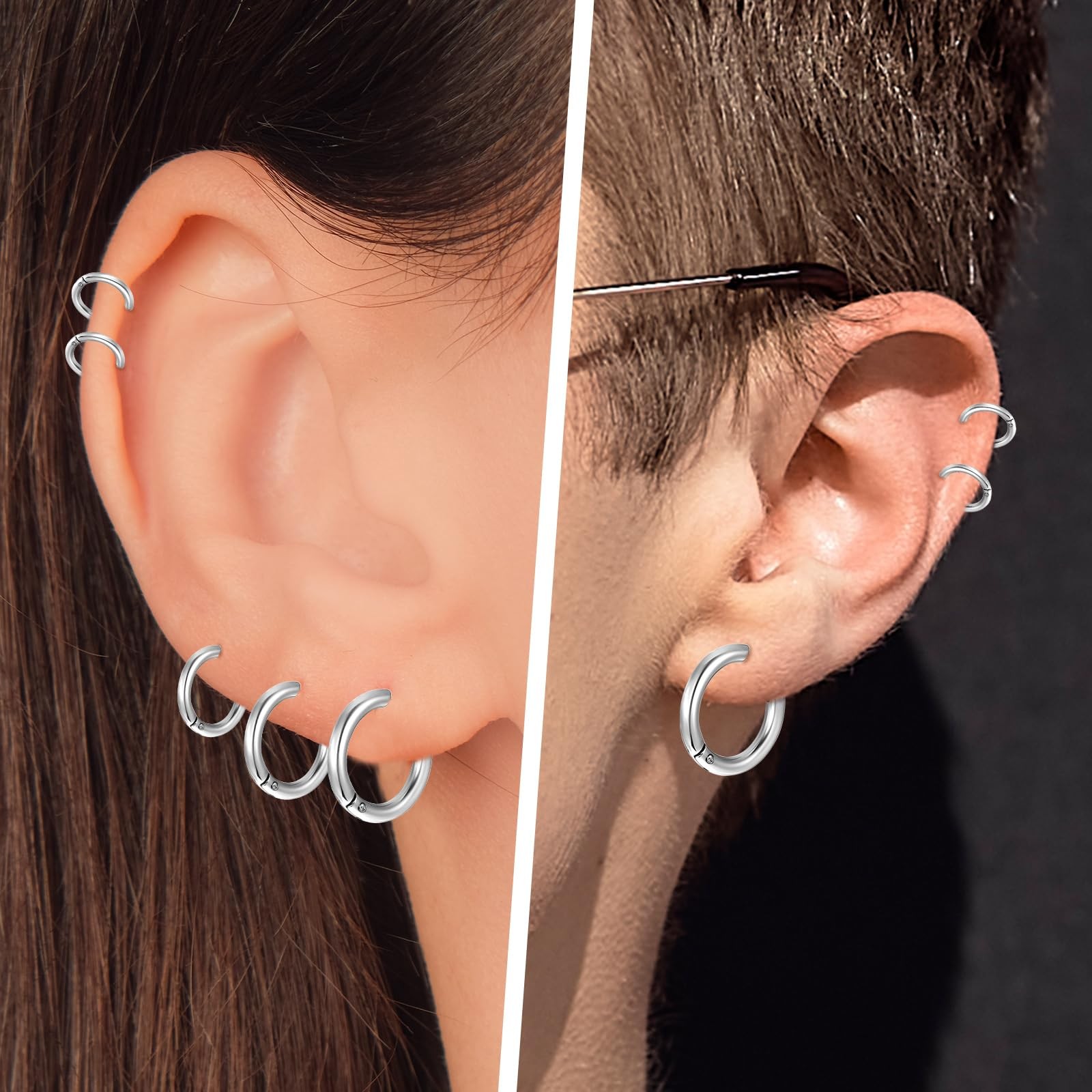 5 Pairs Solid Titanium Hoop Earrings 8mm, 10mm, 12mm, 14mm, 16mm, silver