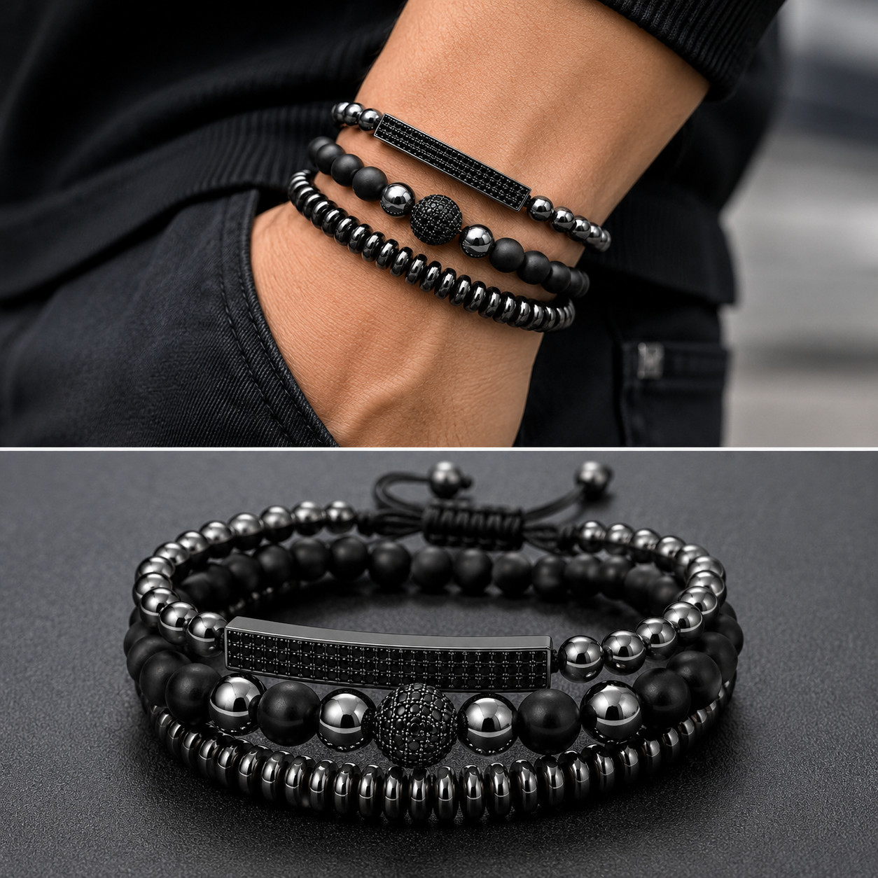 3PC Black Beaded Bracelet Set Men Women Stainless Steel Stretch Stack Jewelry