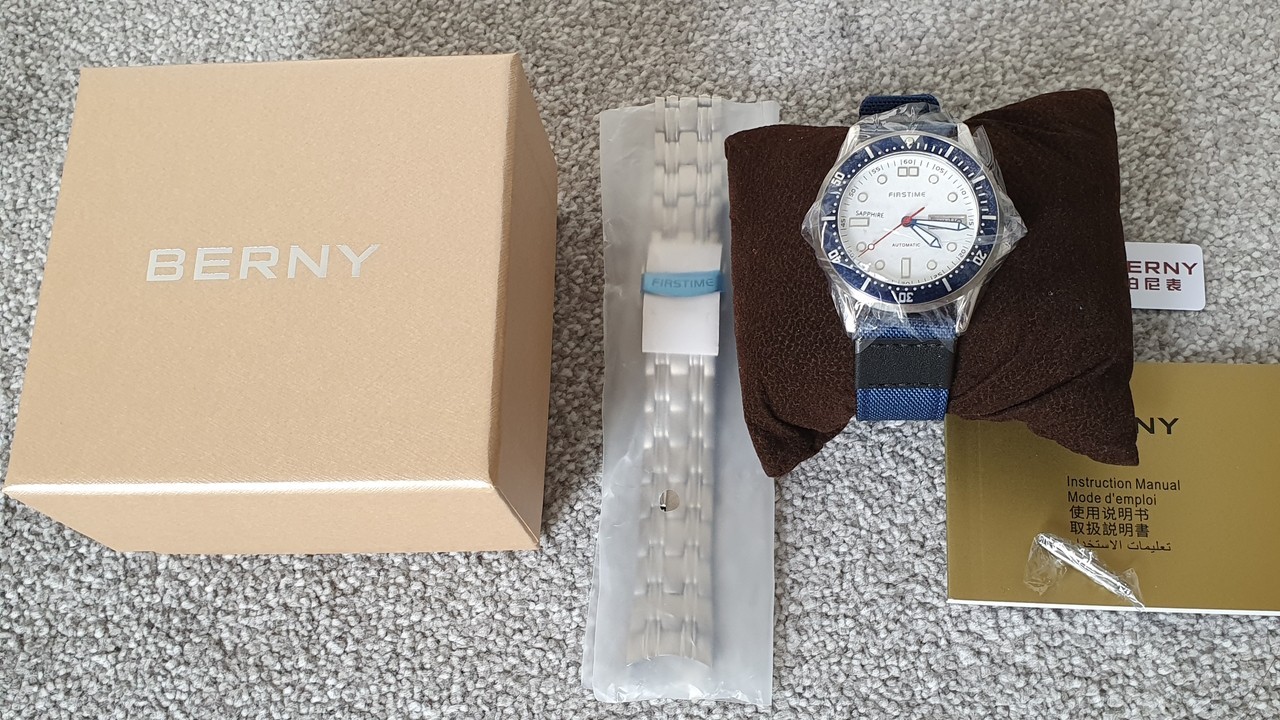 Berny AM7097M 39mm automatic watch, sapphire crystal, white dial, extra strap