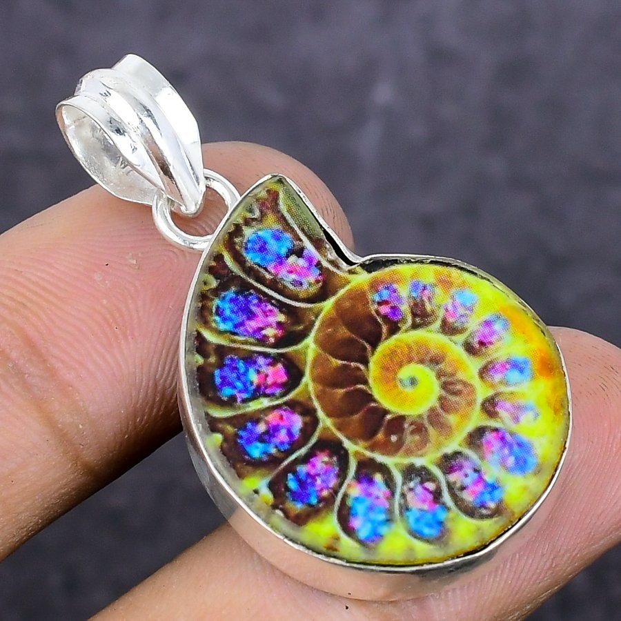 Ammonite Fossil Gemstone 925 Sterling Silver Jewelry Pendant 1.46″ w055