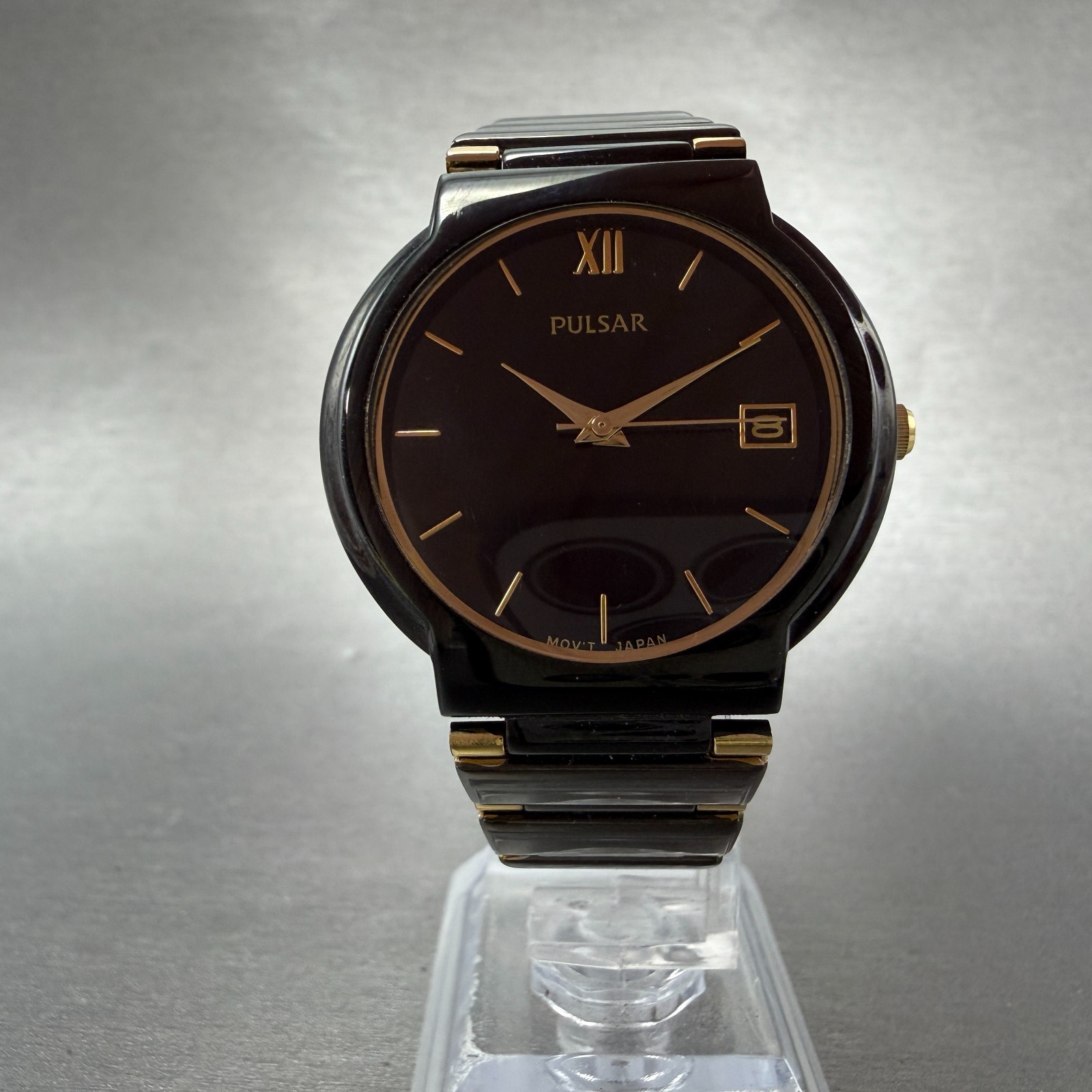 Seiko Pulsar Watch Men 35mm Black Dial Black & Gold Tone Date VX42-X106 New Batt