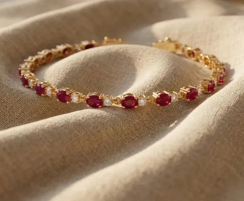 8.00Ct Oval Cut Simulated Ruby & Diamond Tennis Bracelet 14K Yellow Gold Plated