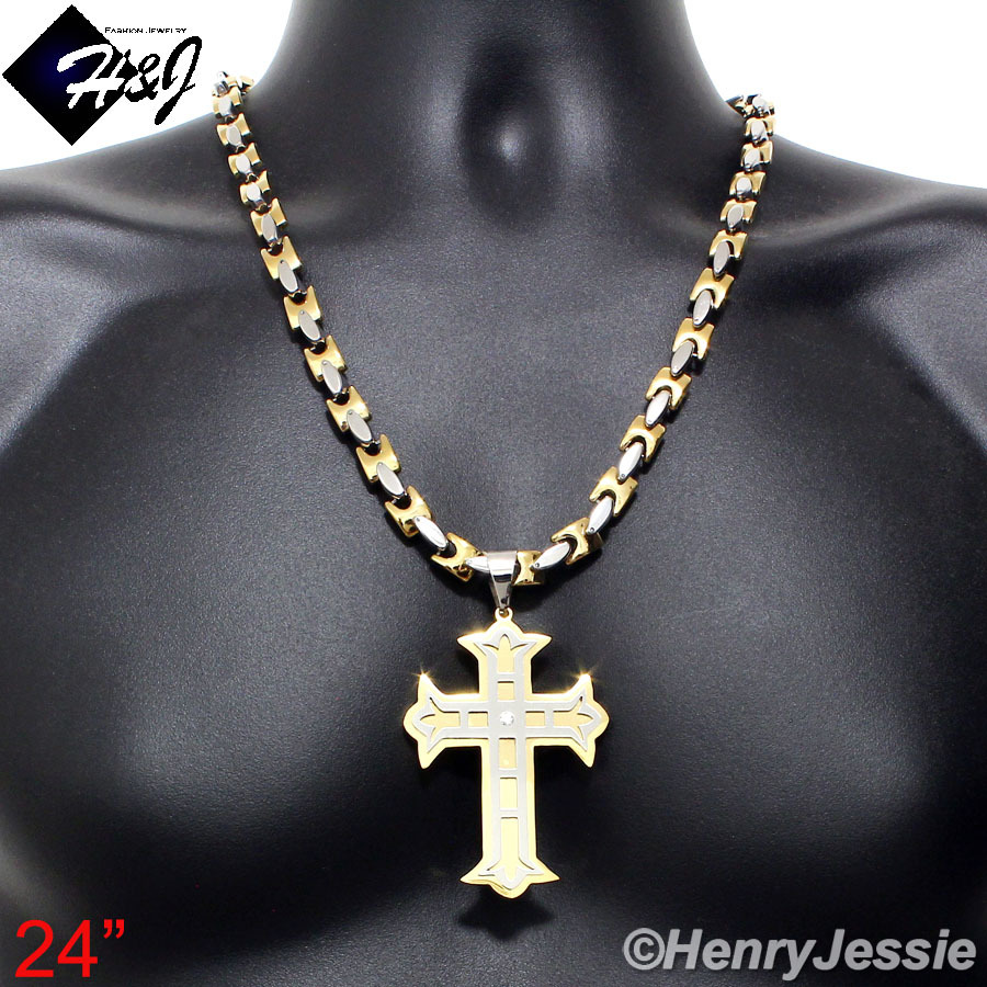 24″Stainless Steel 8mm Silver/Gold Plated Chain Cubic Zirconia Cross Pendant*GL5