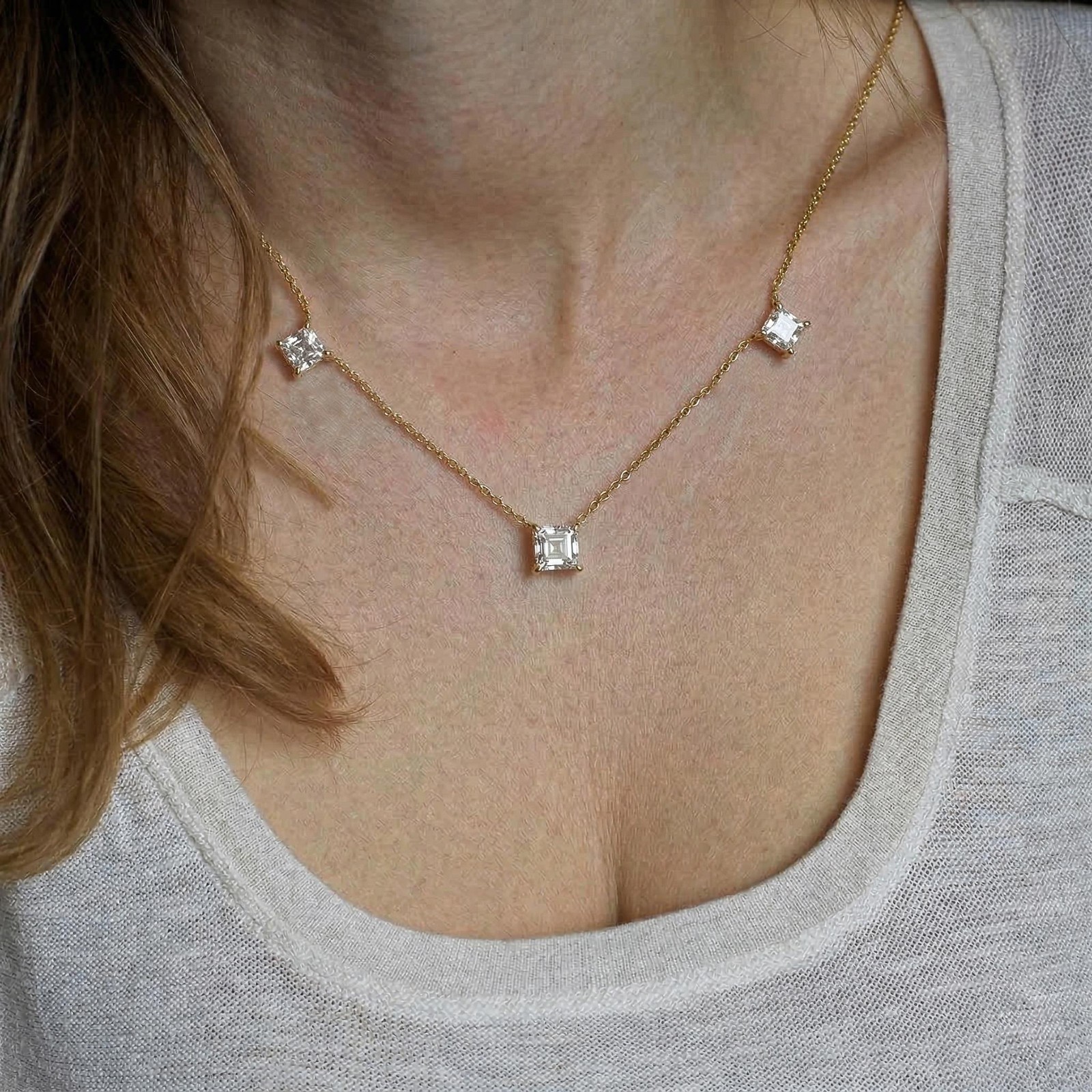 Dainty Gold Three Stone Necklace, White Zircon Necklace, Minimalist Station Neck
