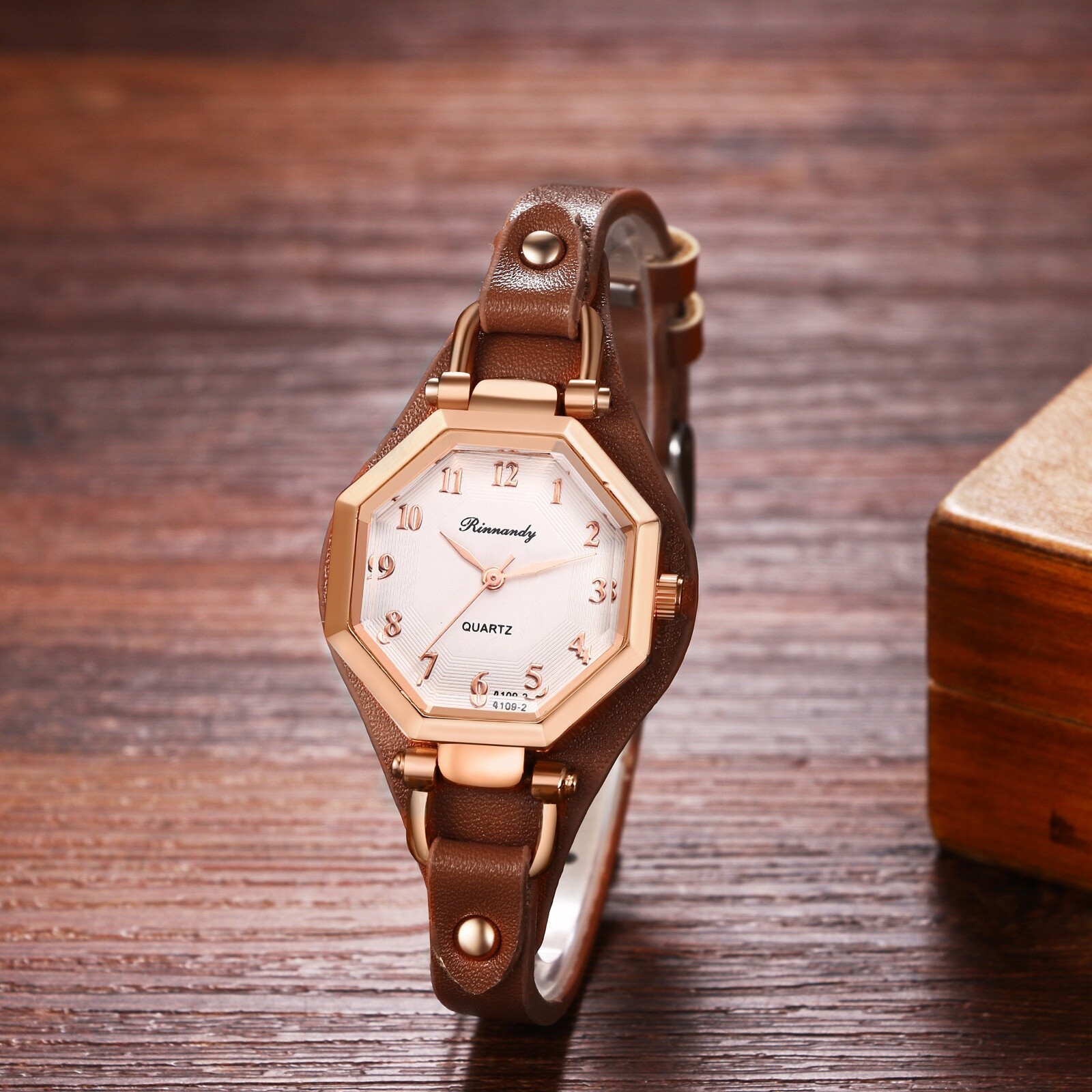 Women Retro Octagon Dial Design Quartz Slim Leather Band Ladies Dress WristWatch