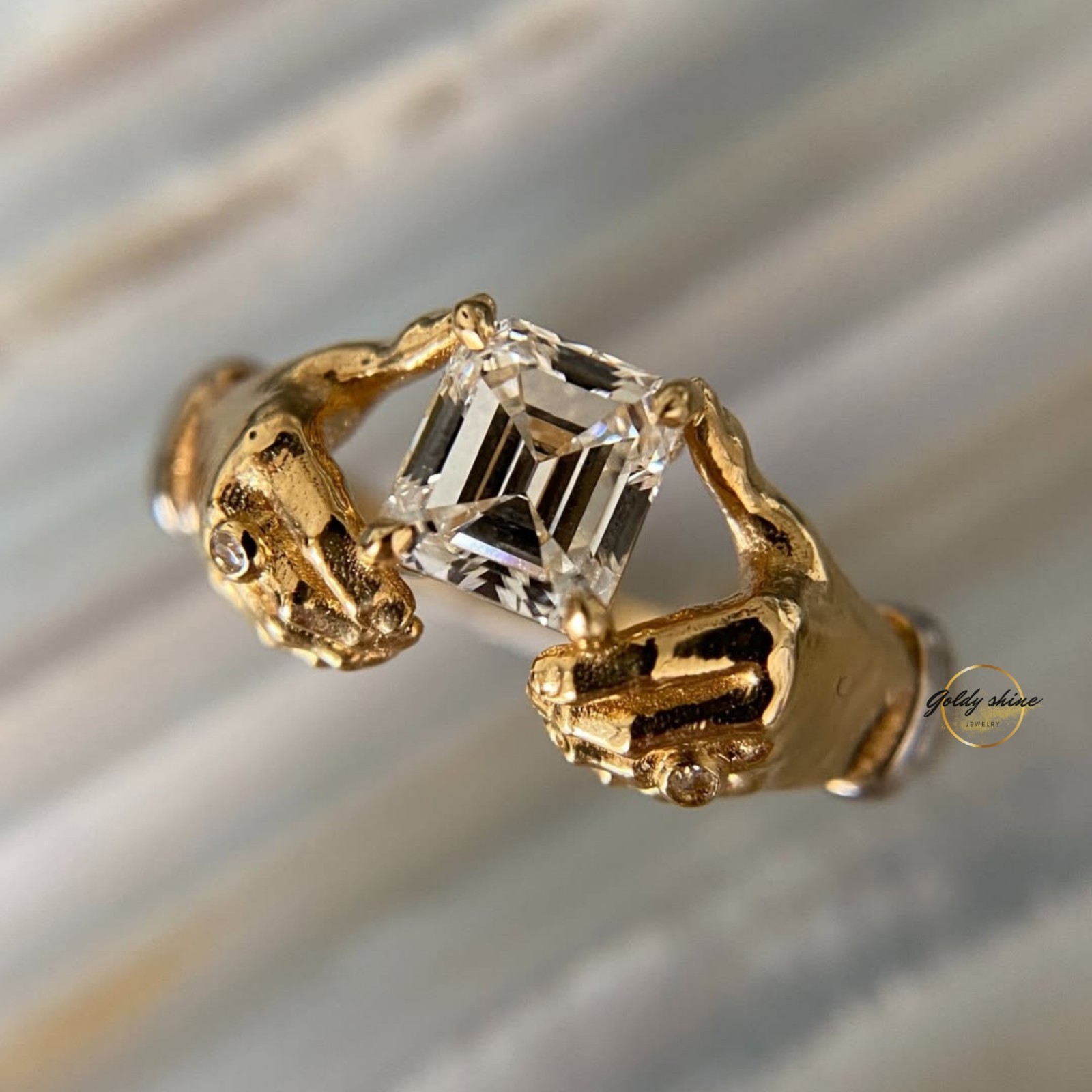 1 Ct Asscher Cut Moissanite Grasping Hands Artistic Ring 14K Yellow gold plated