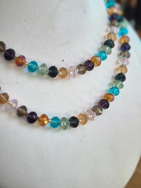 Multi coloured glass cut beads, on long string necklace,