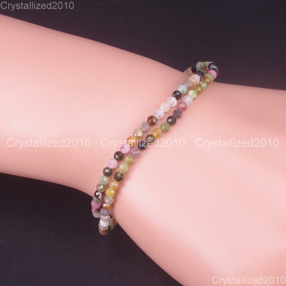 Natural Faceted Round Gemstone 2mm 3mm 4mm Handmade Beads Stretchy Bracelet 925