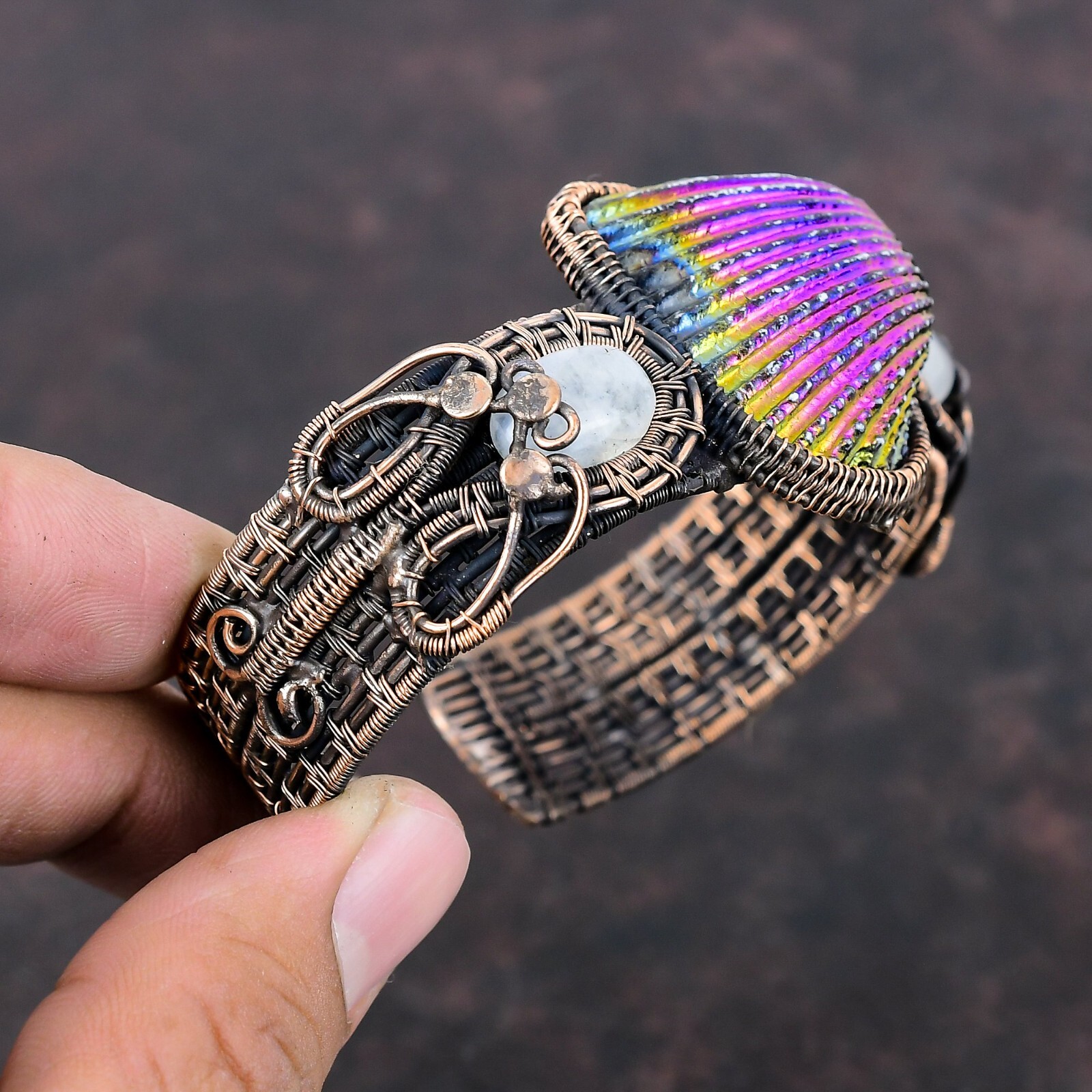 Titanium Coated Shell Stone Rainbow Moonstone Copper Wire Wrapped Wedding Bangle
