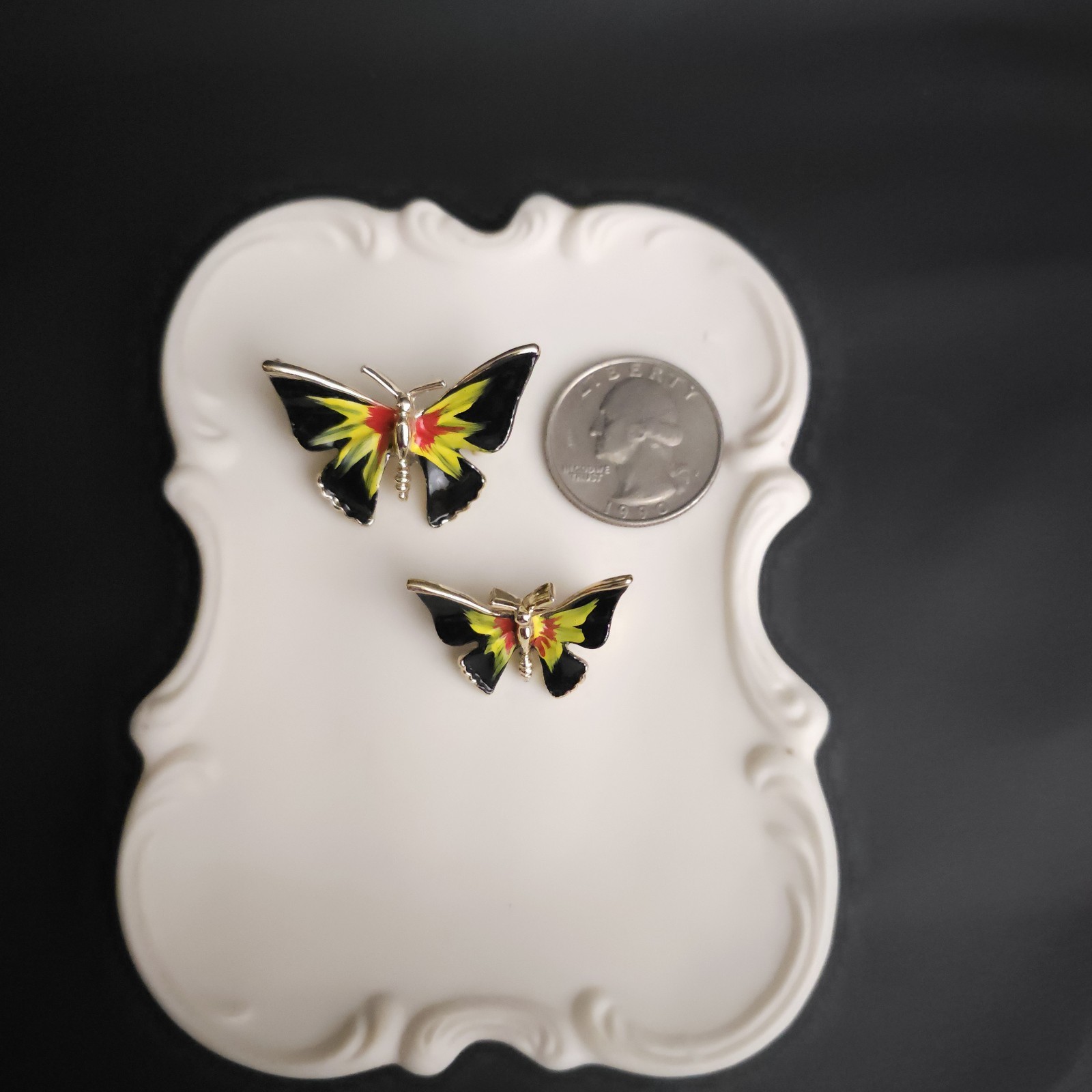 Vintage Black Yellow Red Enamel Butterfly Scatter Pins Brooch Set 2 Whimsy Fairy