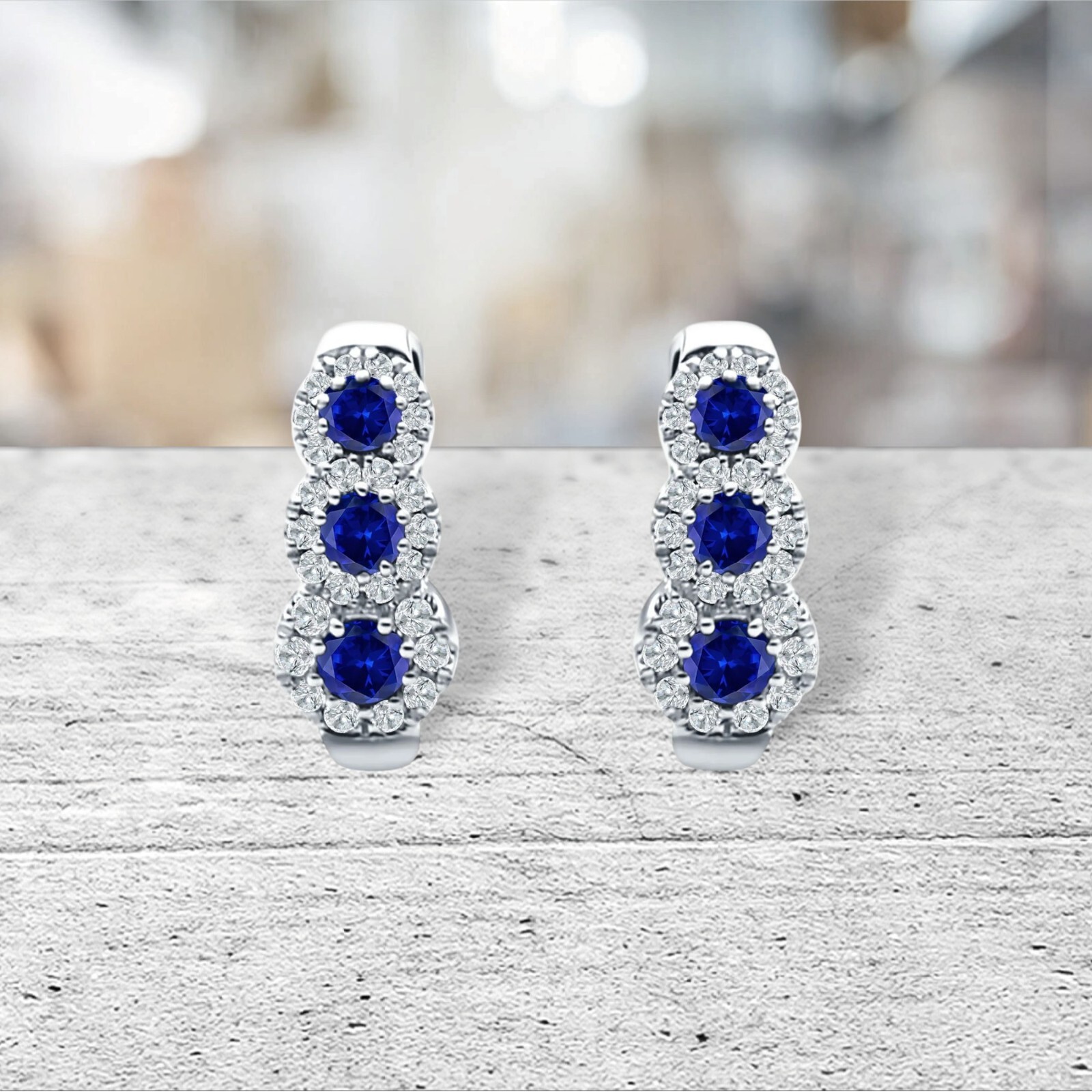 Genuine Blue Sapphire Halo Hoop Earrings in Solid Sterling Silver – 2 ct.
