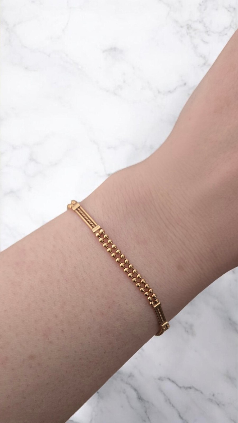 Vintage ITALY 14K Gold Ornate Bar Link Double Chain Beaded Ball Bracelet 585