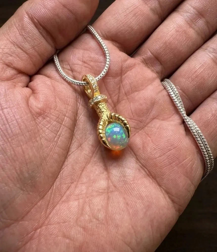 Natural Ethiopian Opal Pendant Necklace 925 Silver Vintage