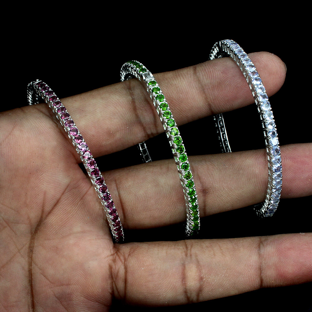 Round 2.5mm Rhodolite Chrome Diopside Tanzanite 925 Sterling Silver Bangle