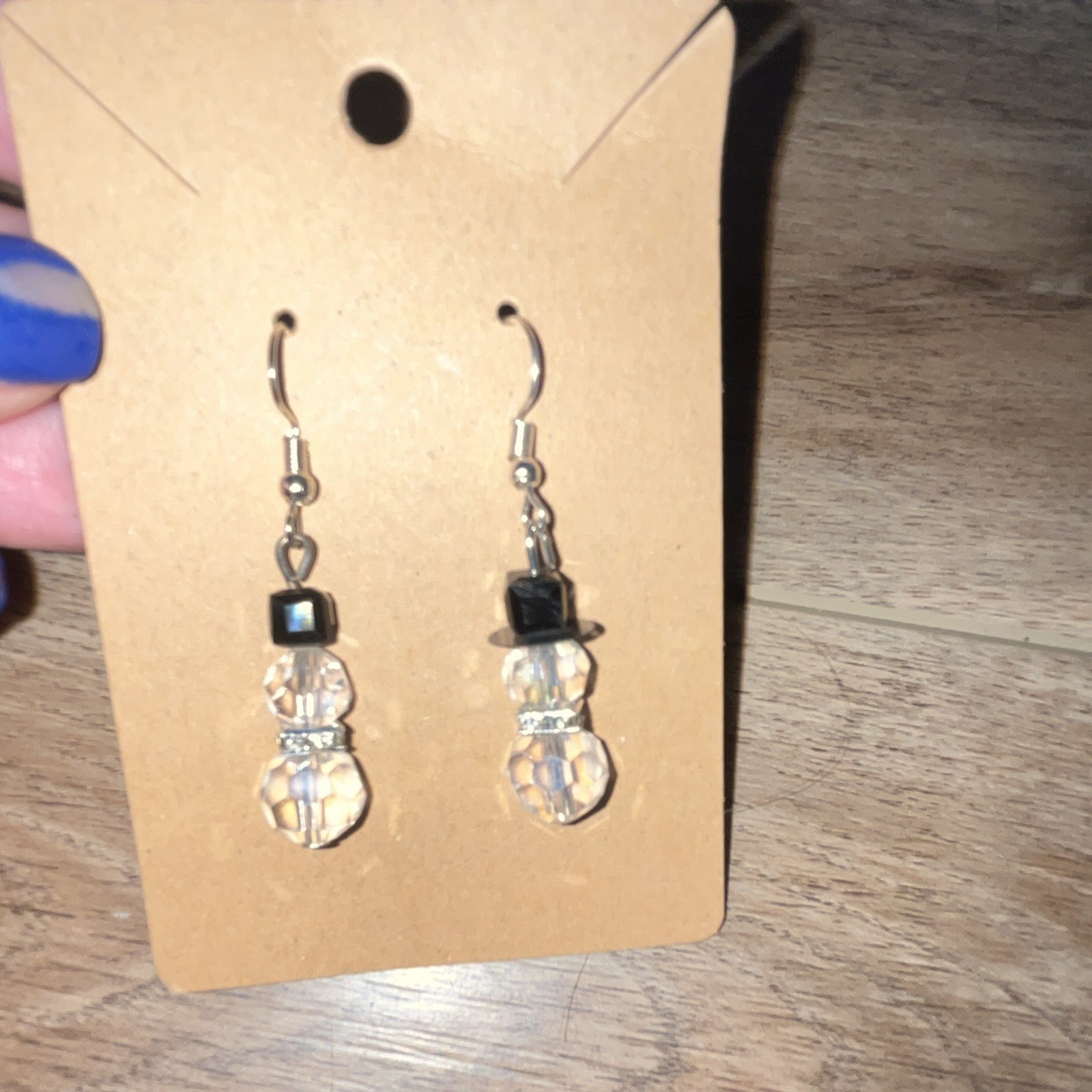 Handcrafted Crystal Beaded Dangle/Drop Hook Earrings Clear & Black Angel Theme