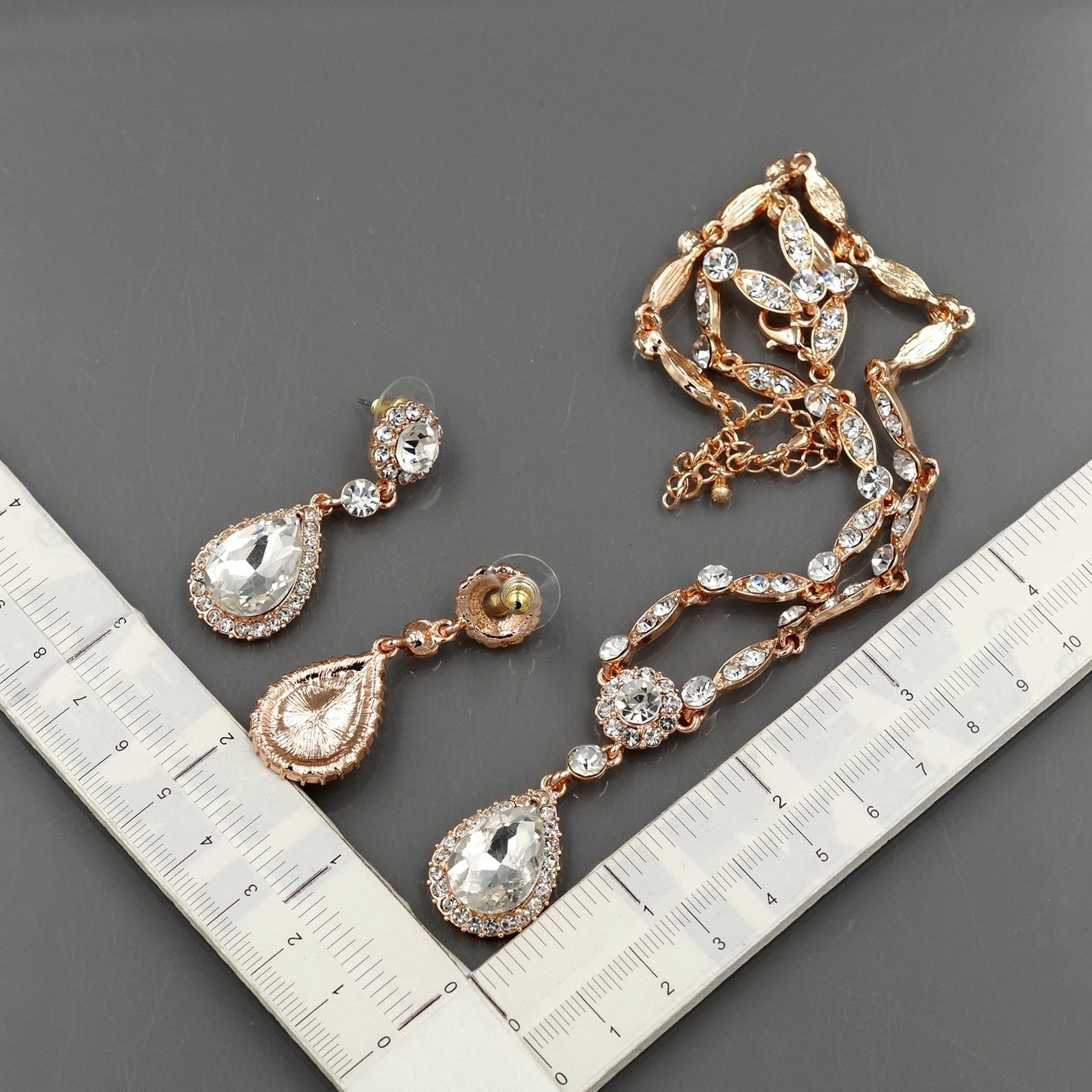 ROSE GOLD Plated Clear Crystal Necklace Pendant Earrings Wedding Jewelry Set 496